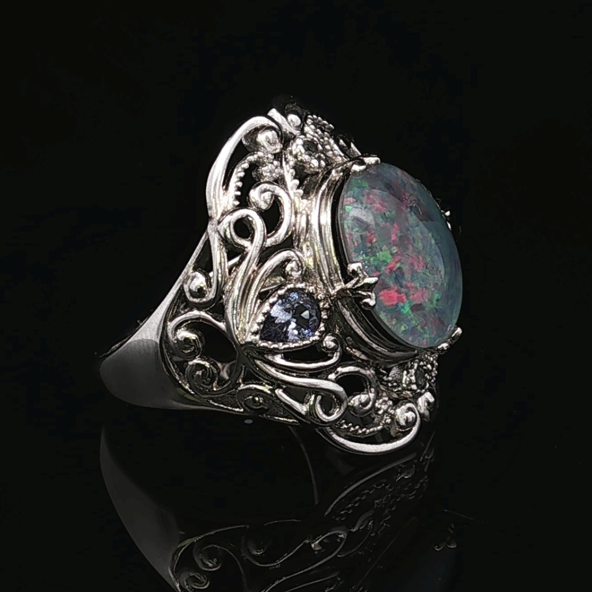 Irenea Opal Triplet Tanzanite Cluster Silver Ring