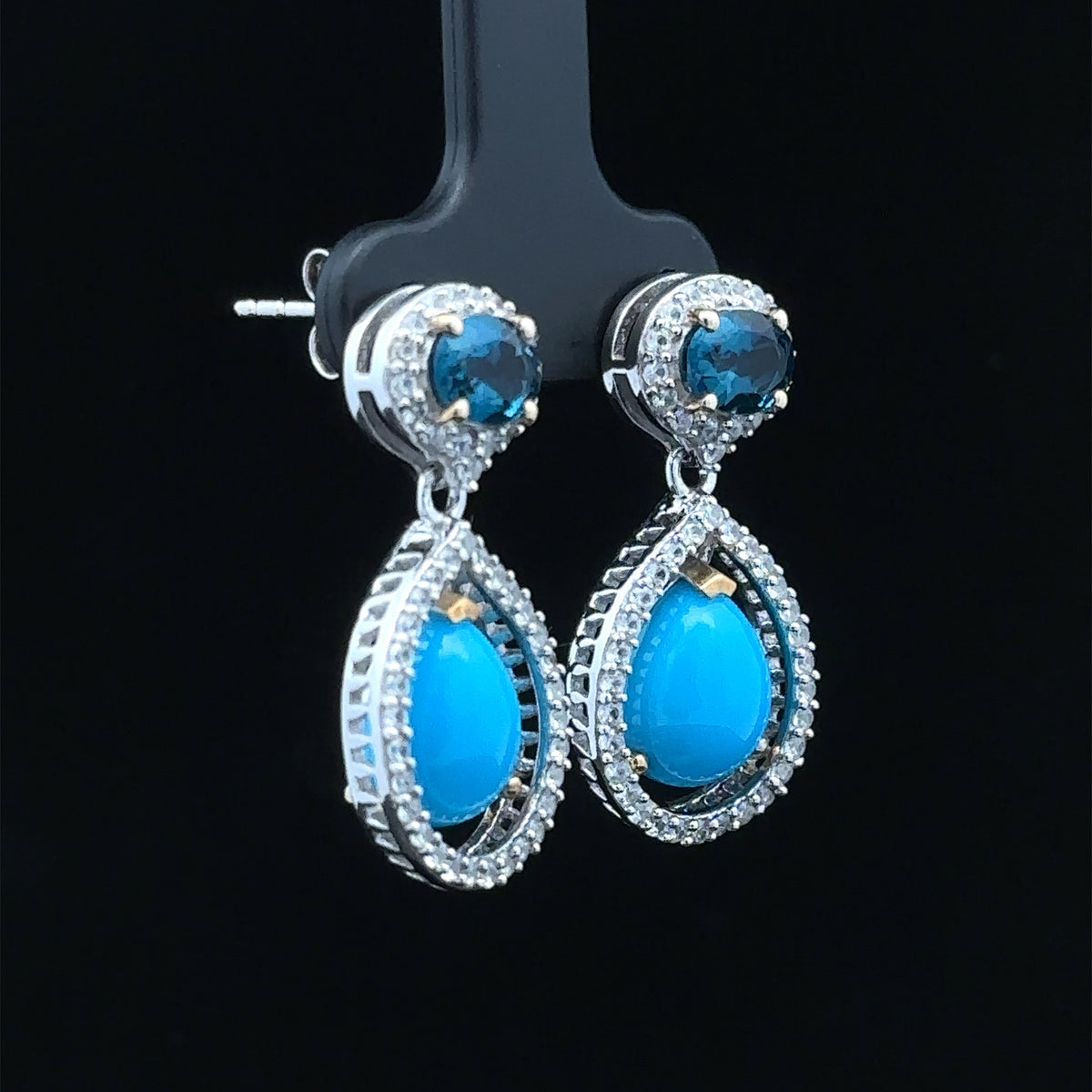 Autumn Two-Tone Silver Dangle Earrings with Turquoise, Blue Topaz, and CZ