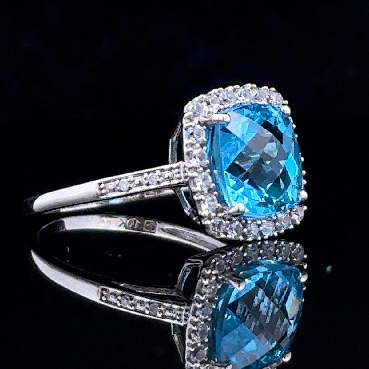 Tori 10K White Gold Halo Ring with Blue Topaz and CZ Accents