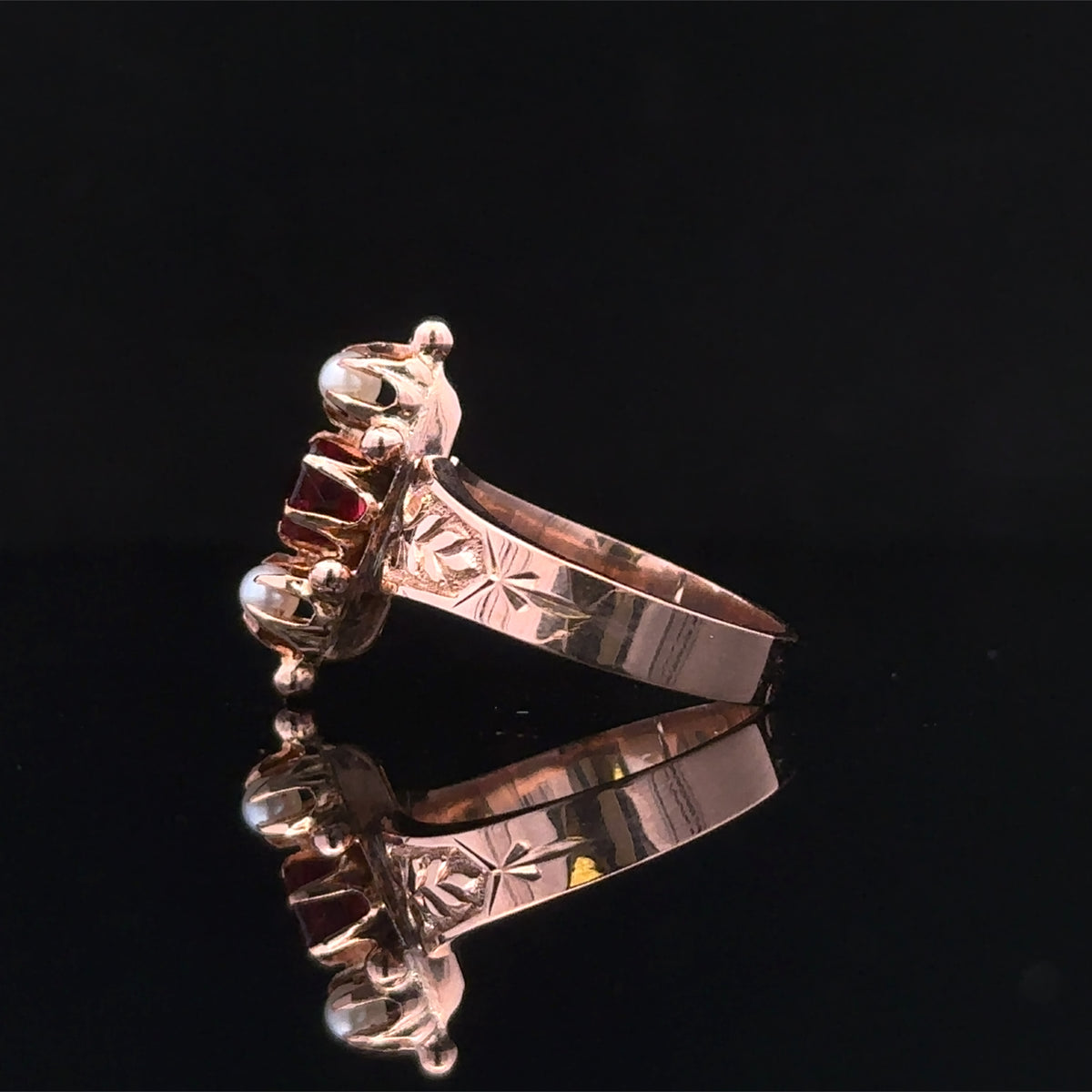 Jessie 10K Yellow Gold Synthetic Red Stone and Pearl Ring