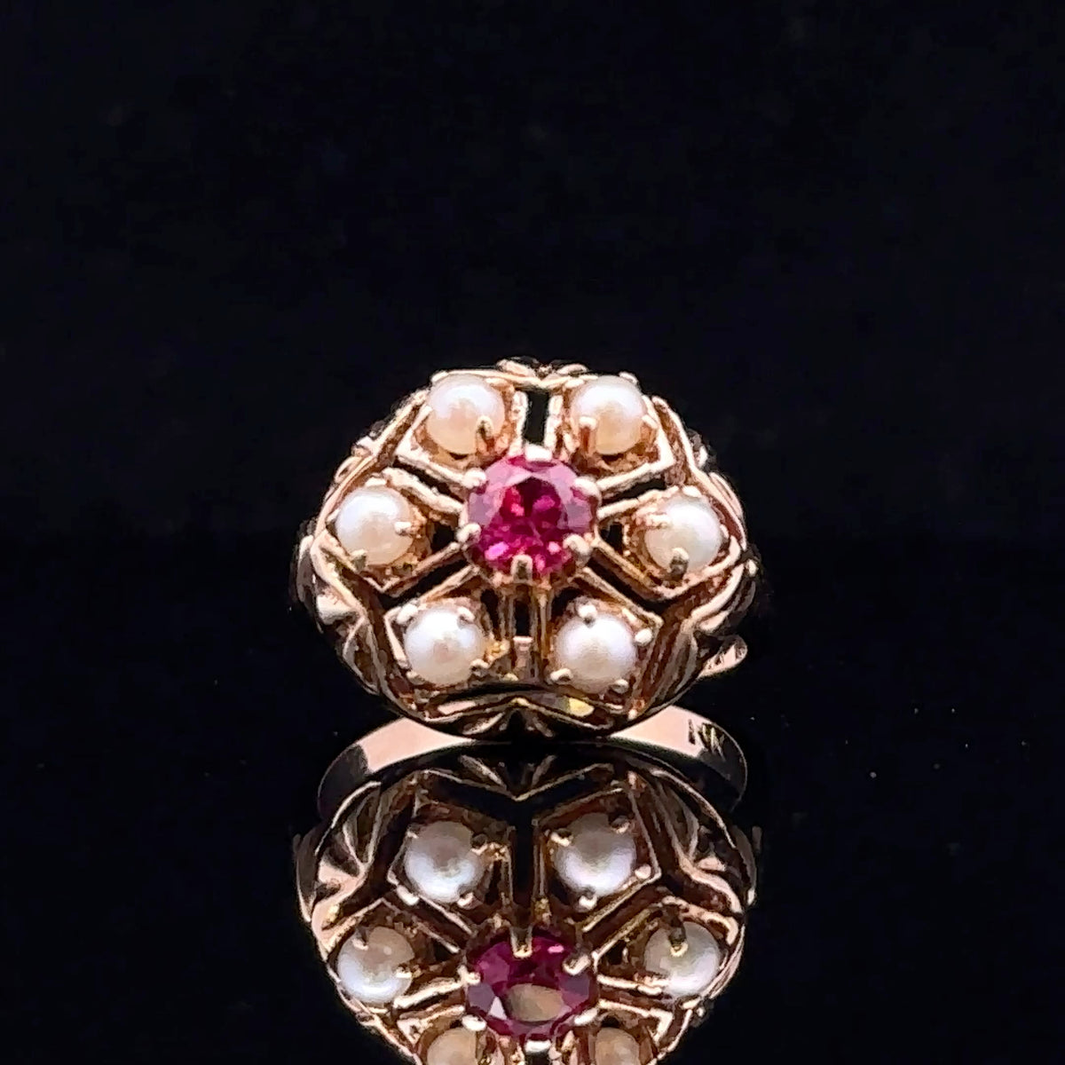 Paula 14K Yellow Gold Pearl Halo and Lab Ruby Stone  Ring