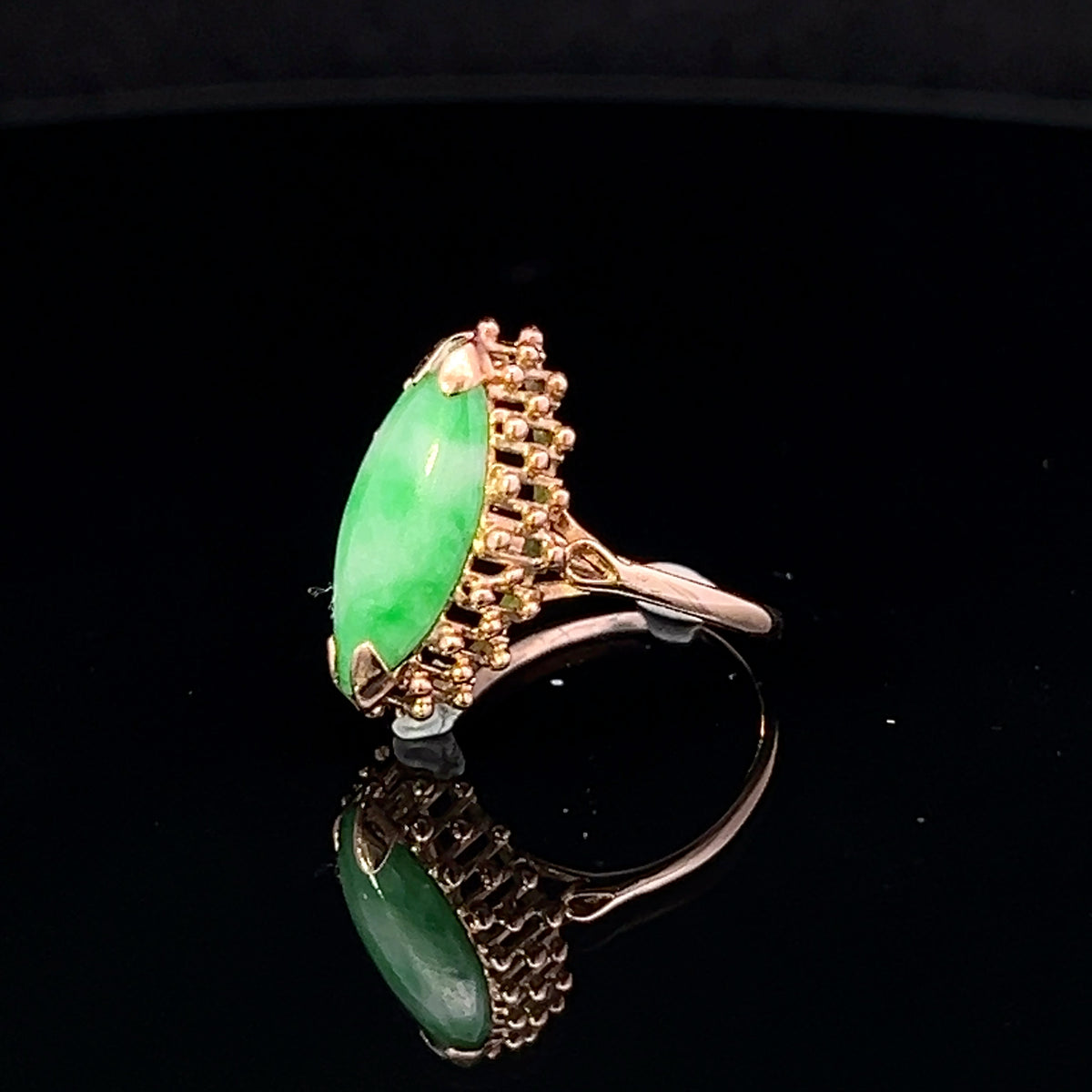 Yellow 14 Karat Vintage Jade Fashion Ring with Openwork Base