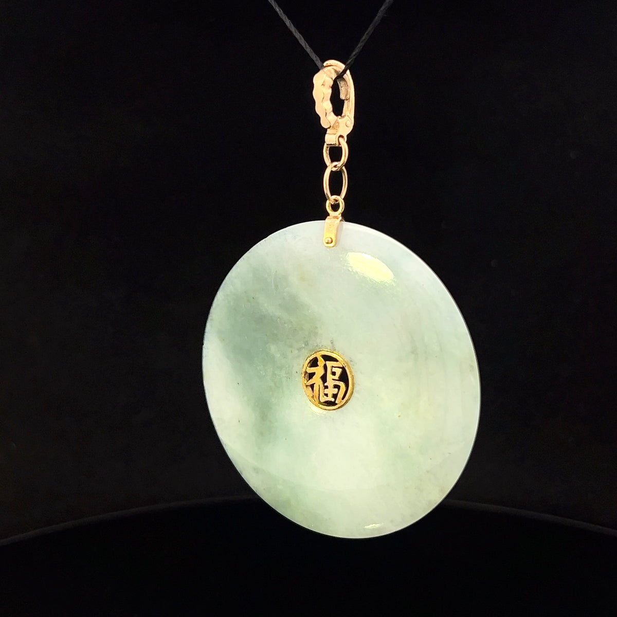 Izabella 14K Yellow Gold 2" Jade Disc Pendant with Happiness Character