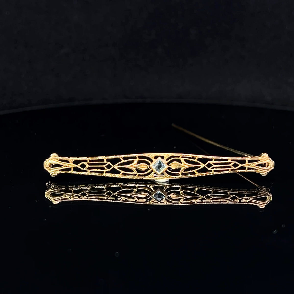 Aqua 14K Yellow Gold Vintage Bar Pin with Aquamarine