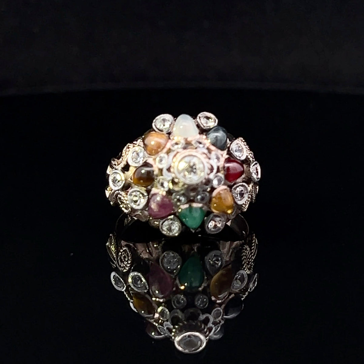 Annabella 14K Yellow Gold Pear-Shape Cabochon & Round Clear Stone Ring