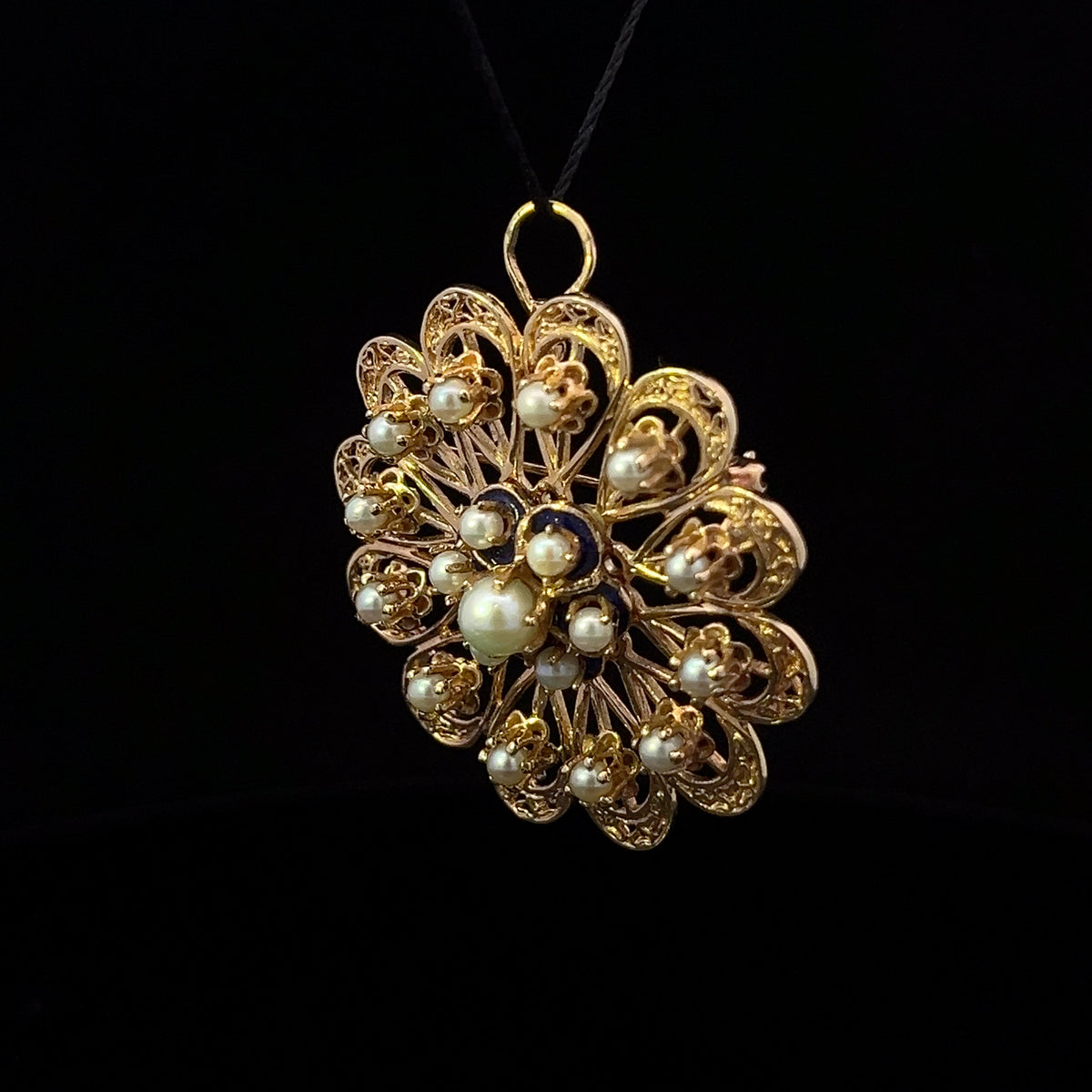 Kori 14K Yellow Gold Round Pearl Pin/Pendant with Blue Enamel