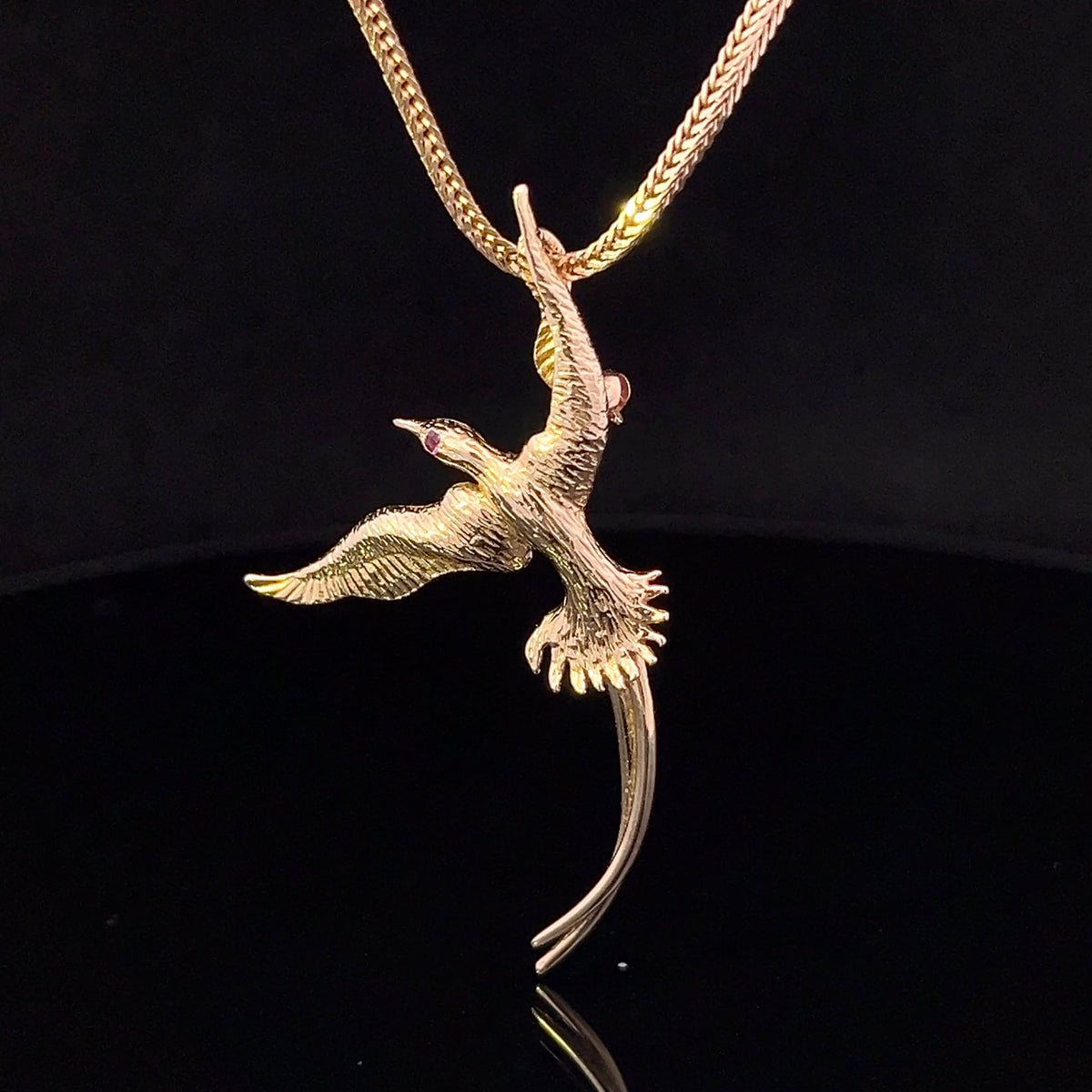 Dayana 14K Yellow Gold Mocking Jay Pin Pendant with Ruby Eye
