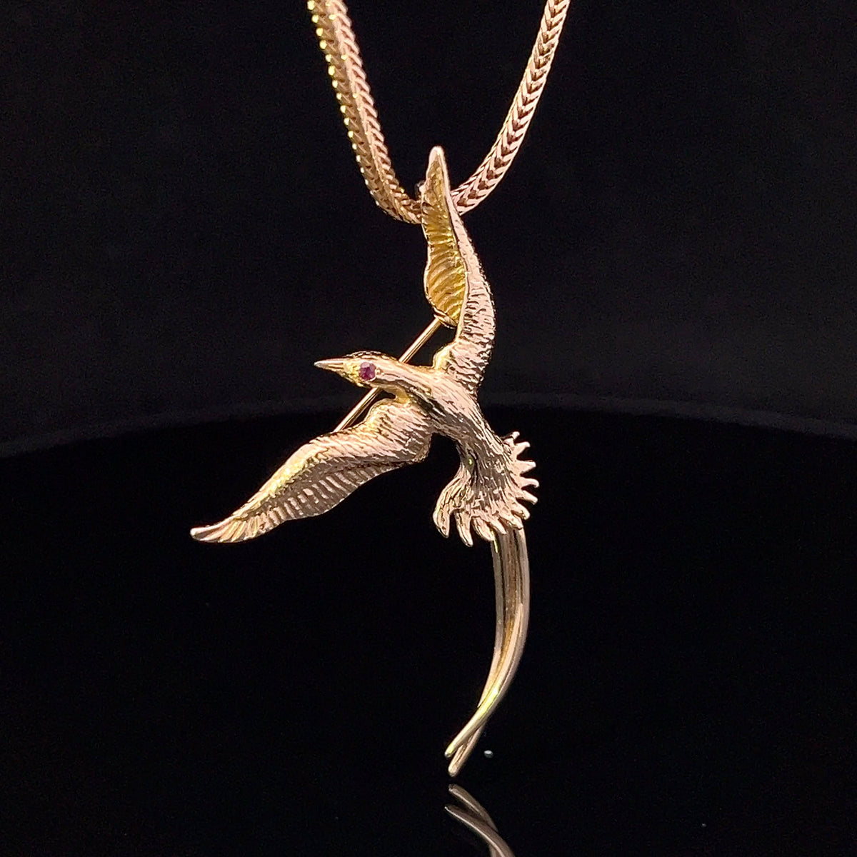 Dayana 14K Yellow Gold Mocking Jay Pin Pendant with Ruby Eye