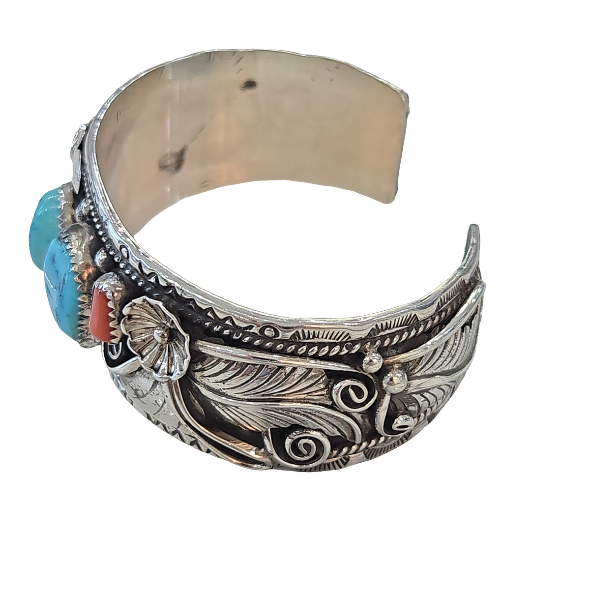 South West Turquoise & Red Coral Navajo Cuff