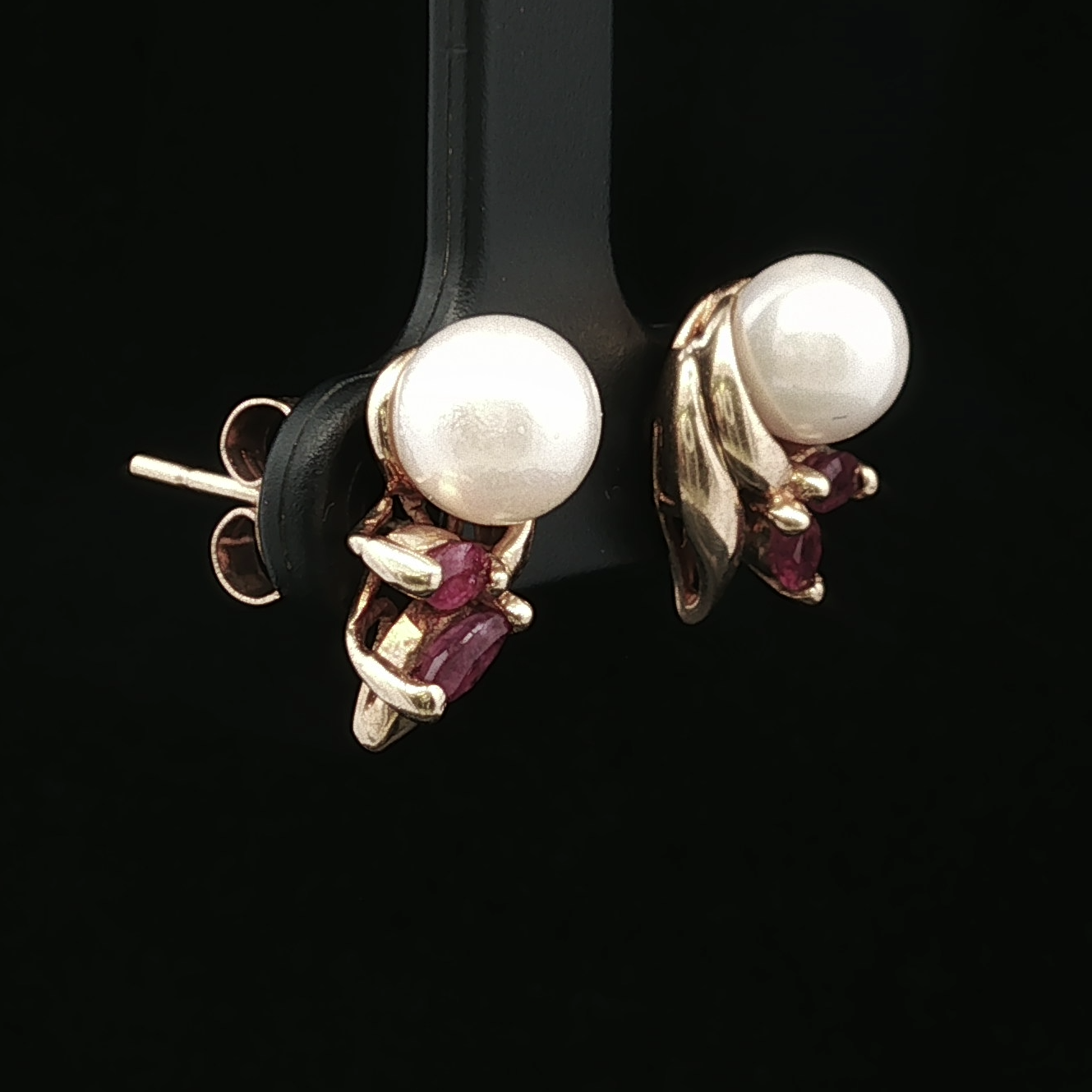 Mabele Pearl Stud Earrings with Ruby Accents in 14K Yellow Gold