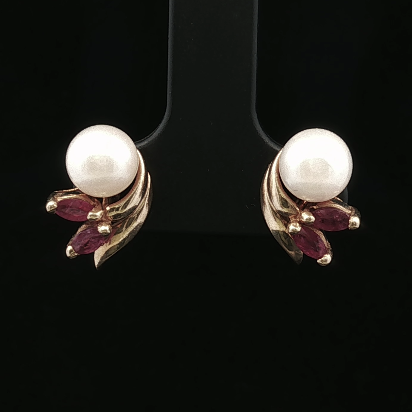 Mabele Pearl Stud Earrings with Ruby Accents in 14K Yellow Gold