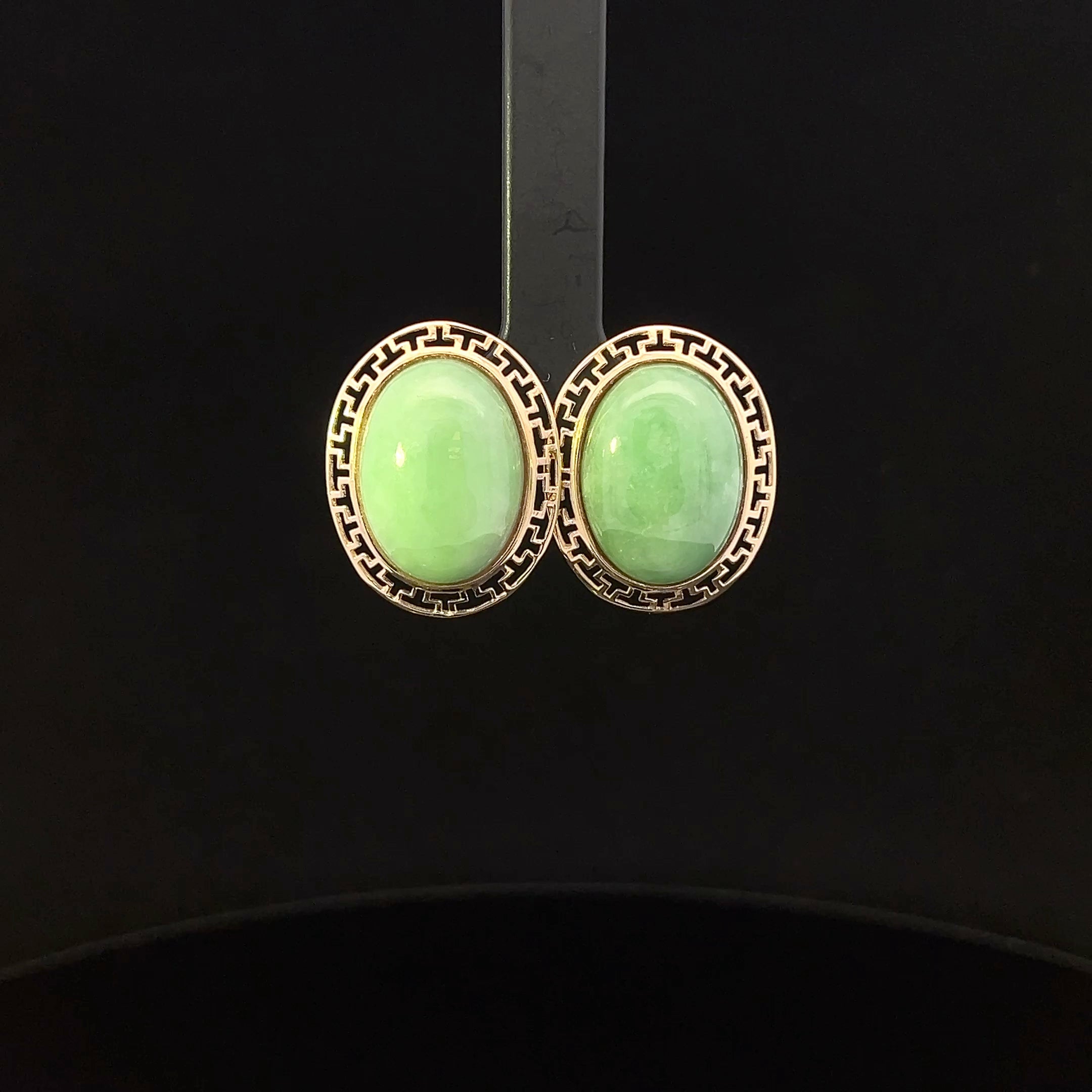 Romilda 14K Yellow Gold Oval Jade Earrings with Greek Key Edge