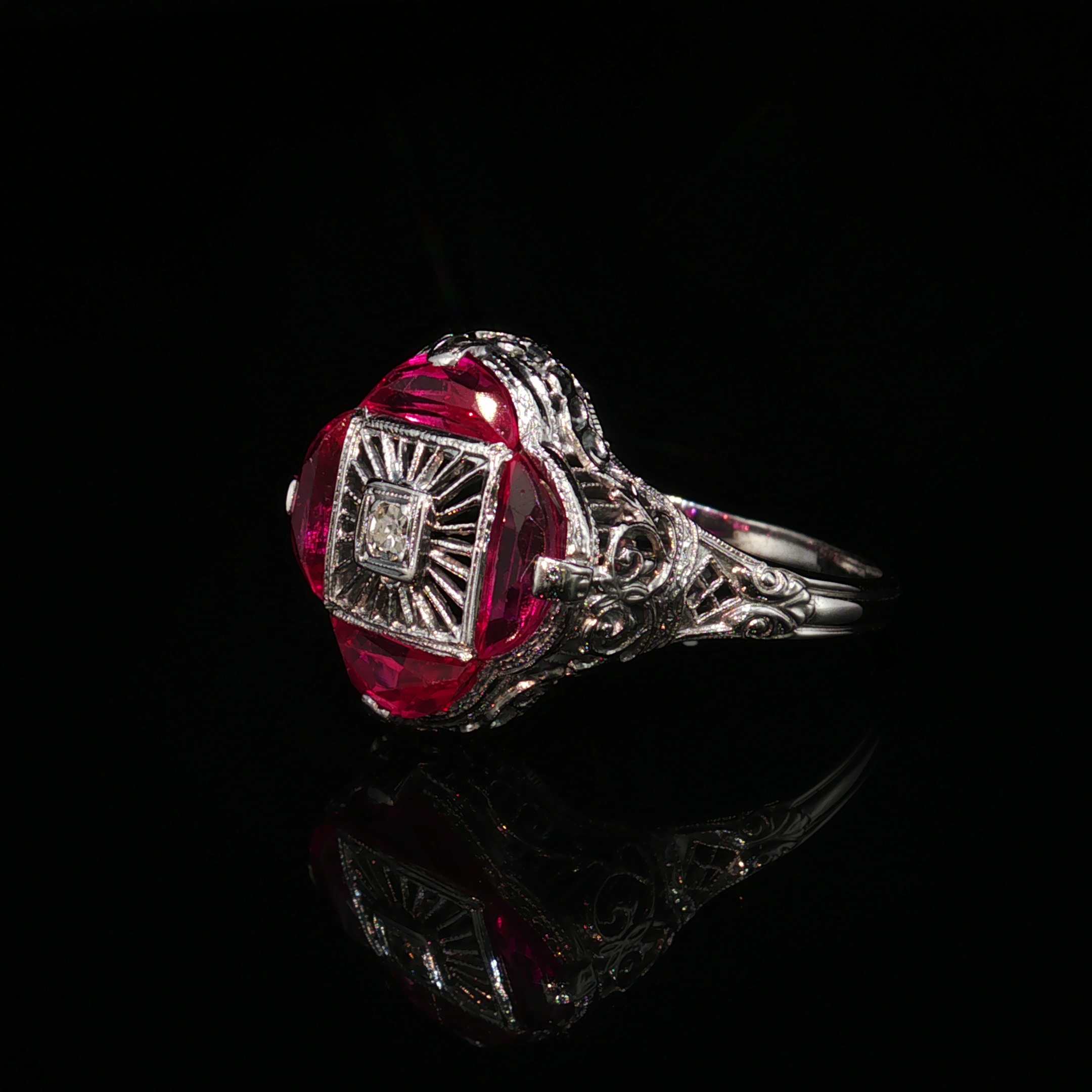 Linnea 14k White Gold Ruby & Diamond Filigree Estate Ring
