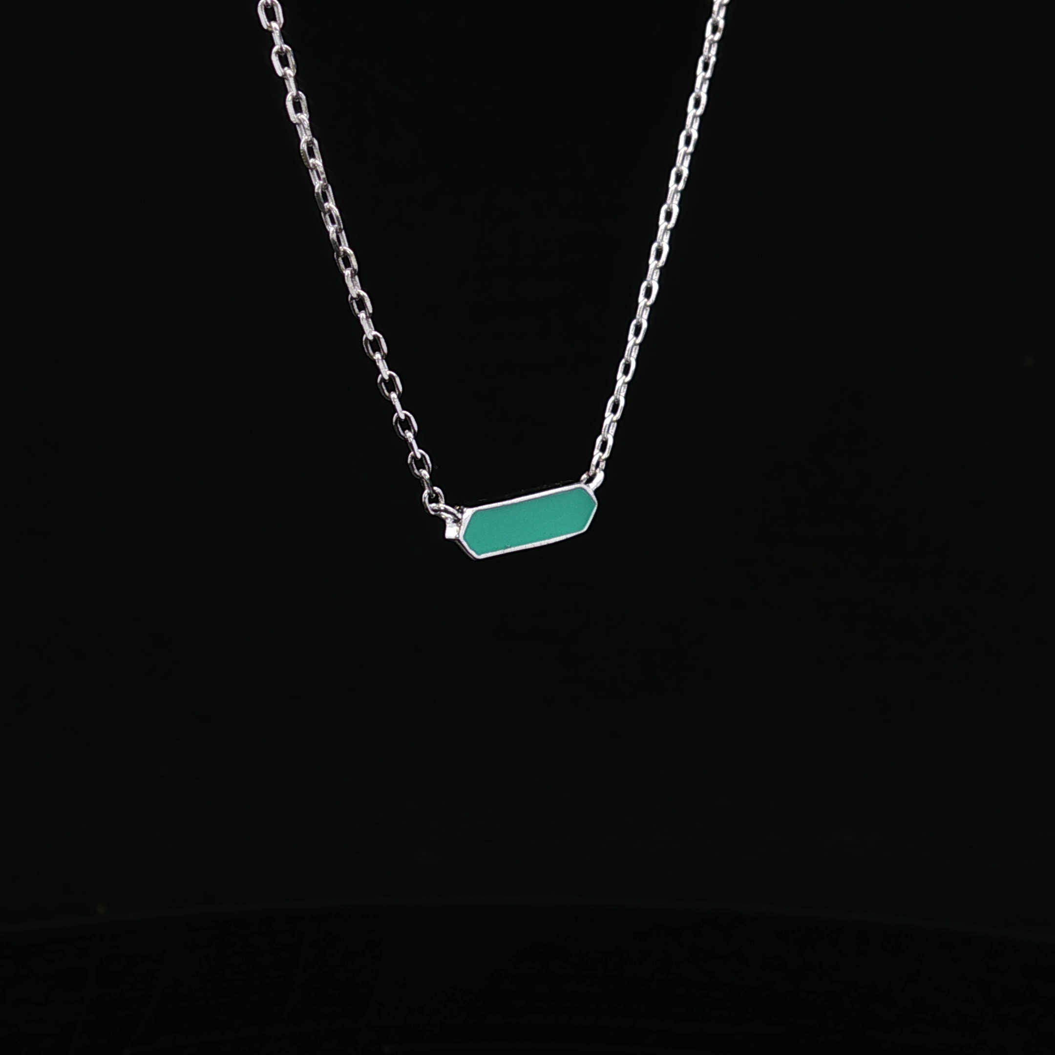 White Silver Tex Free Form Teal Enamel Bar Necklace