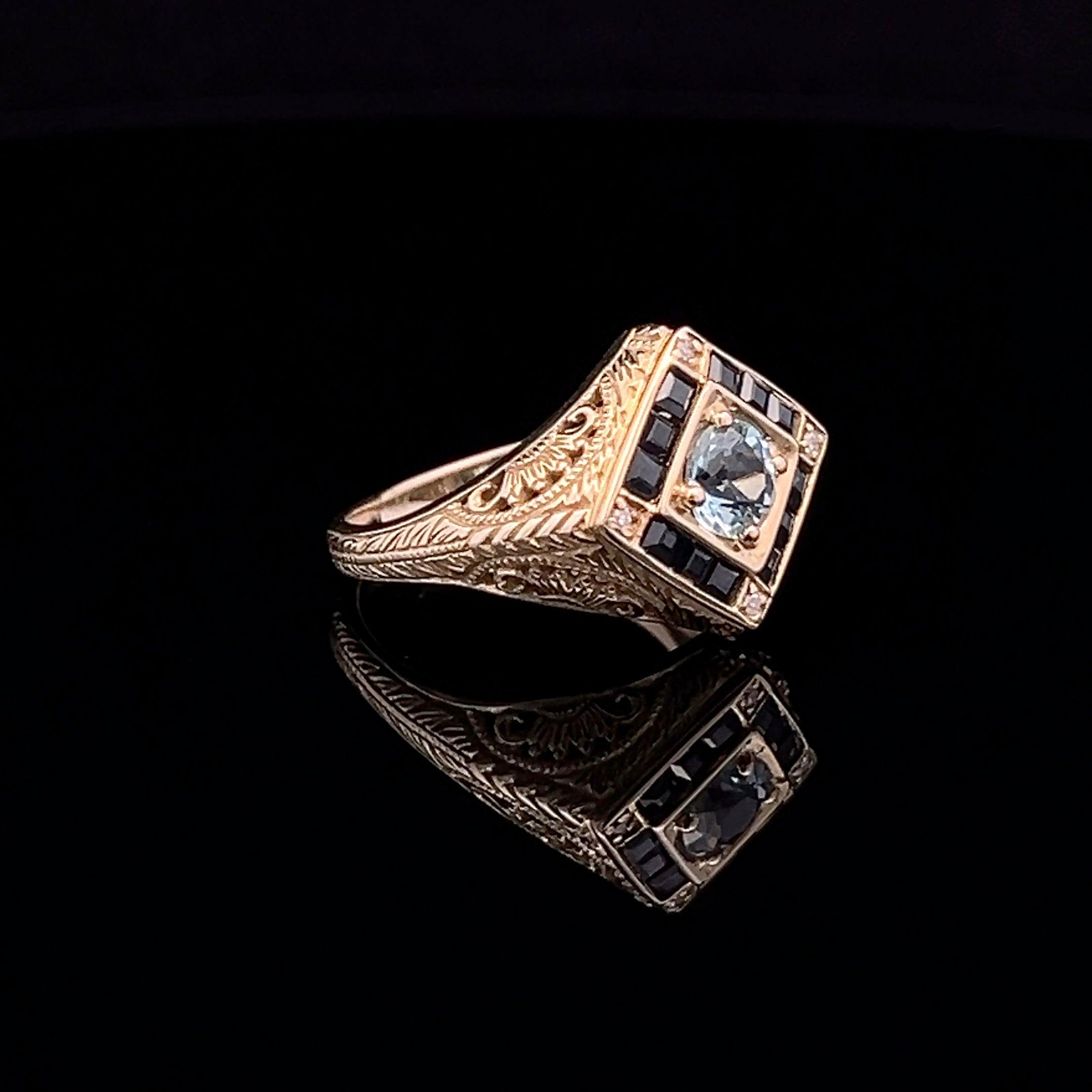 Mikayla 14KY Vintage Filigree Aquamarine, Sapphire and Diamond Ring