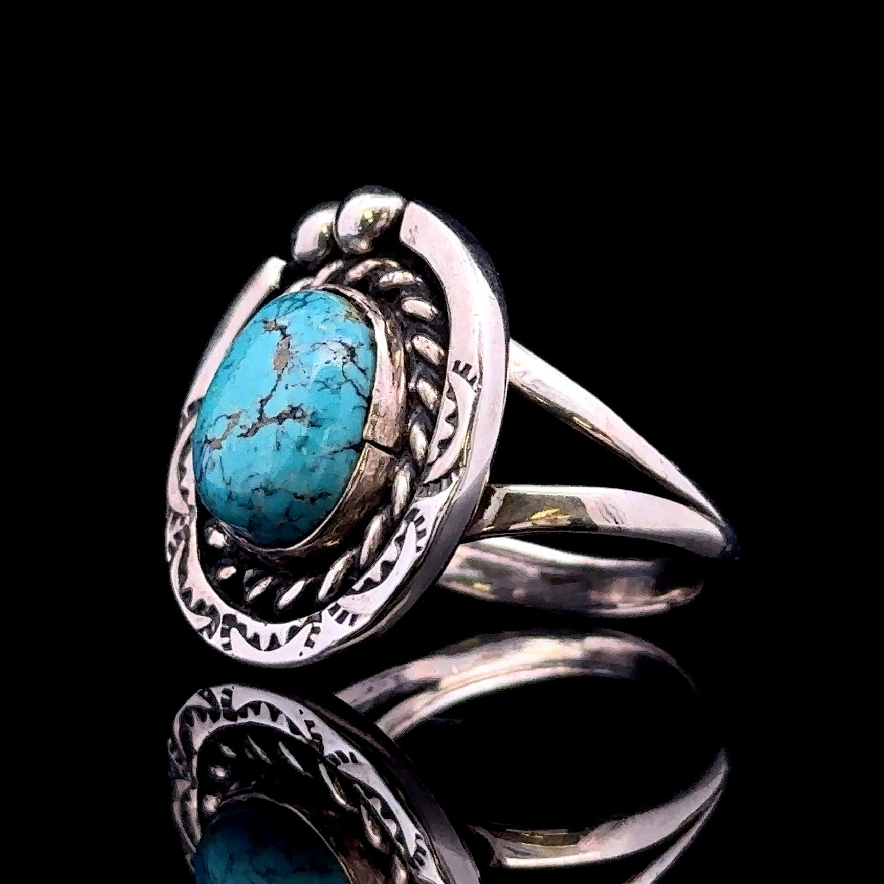 Jolie Sterling Silver Turquoise Ring with Engraved Edge