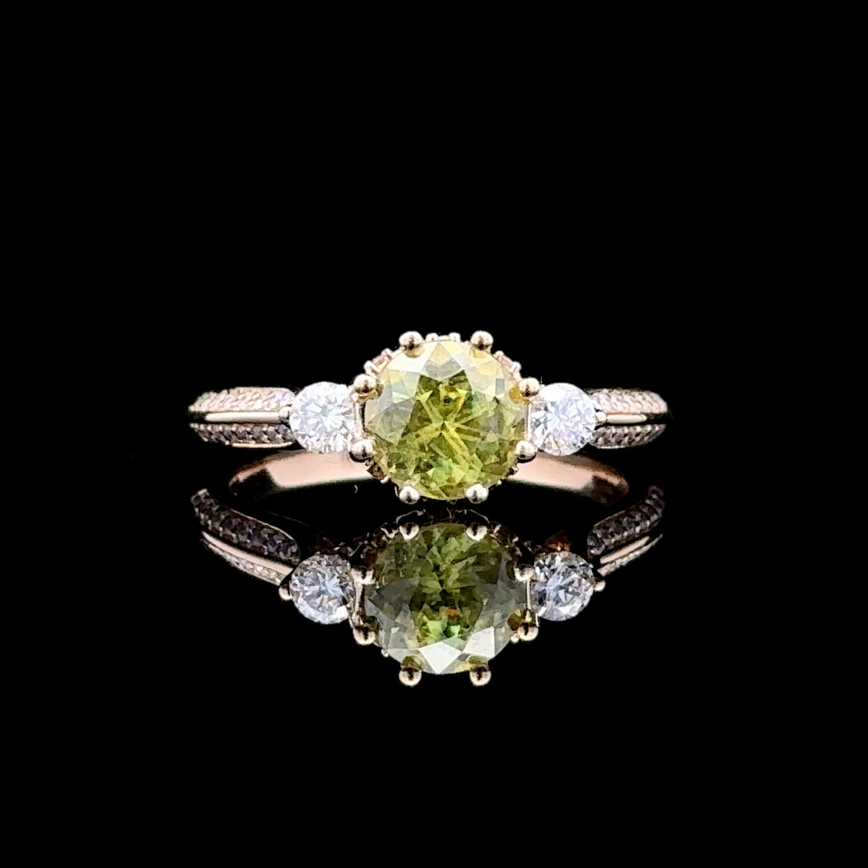 Yellow 14K Gold Artisan Ring with 1.25ct Peridot & Diamonds