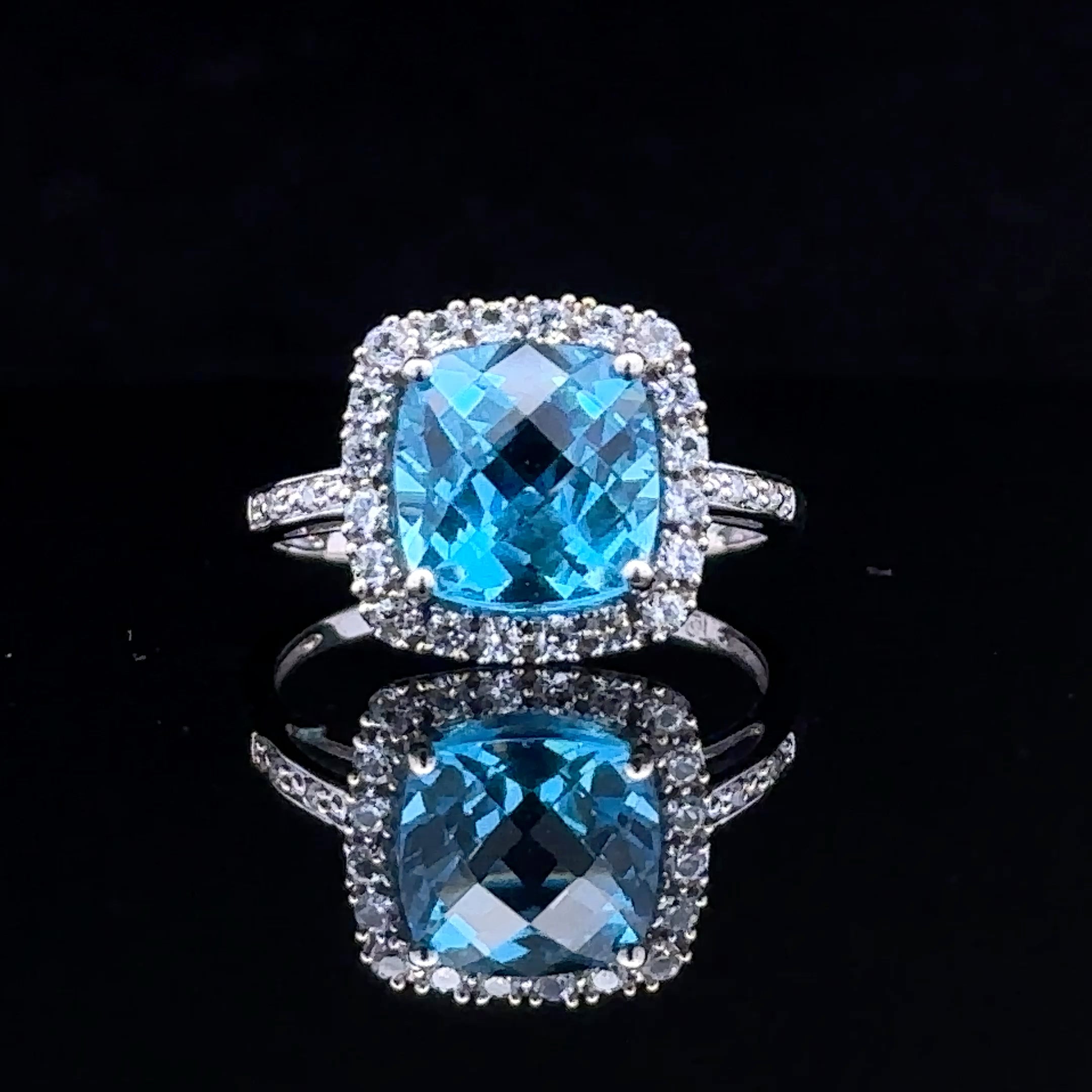 Tori 10K White Gold Halo Ring with Blue Topaz and CZ Accents, Size 7