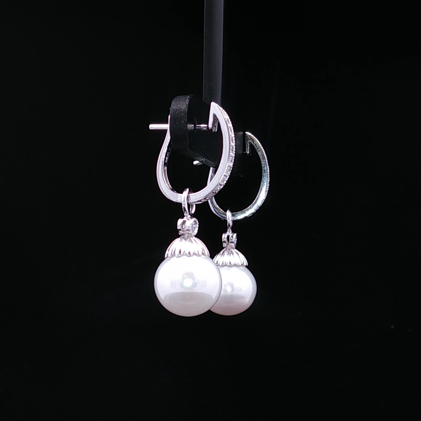 14K White Gold Dangle Earrings with 9mm Pearls and Diamonds