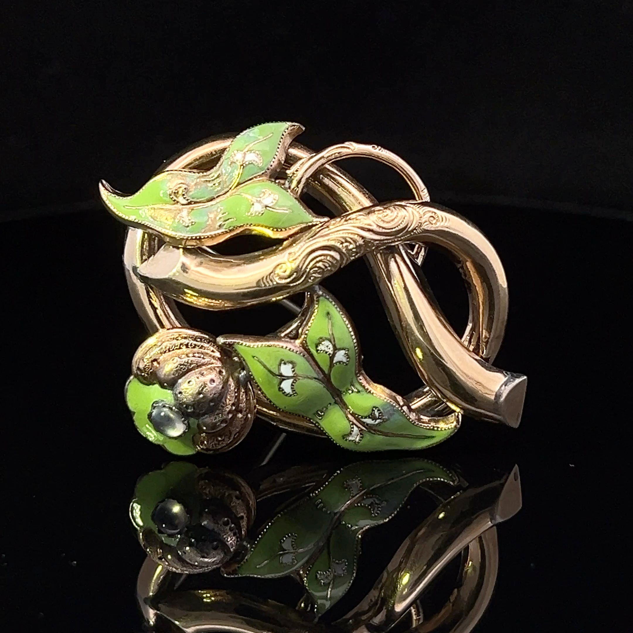 Valerie 10KY Art Nouveau Green Enamel & Moonstone Pin