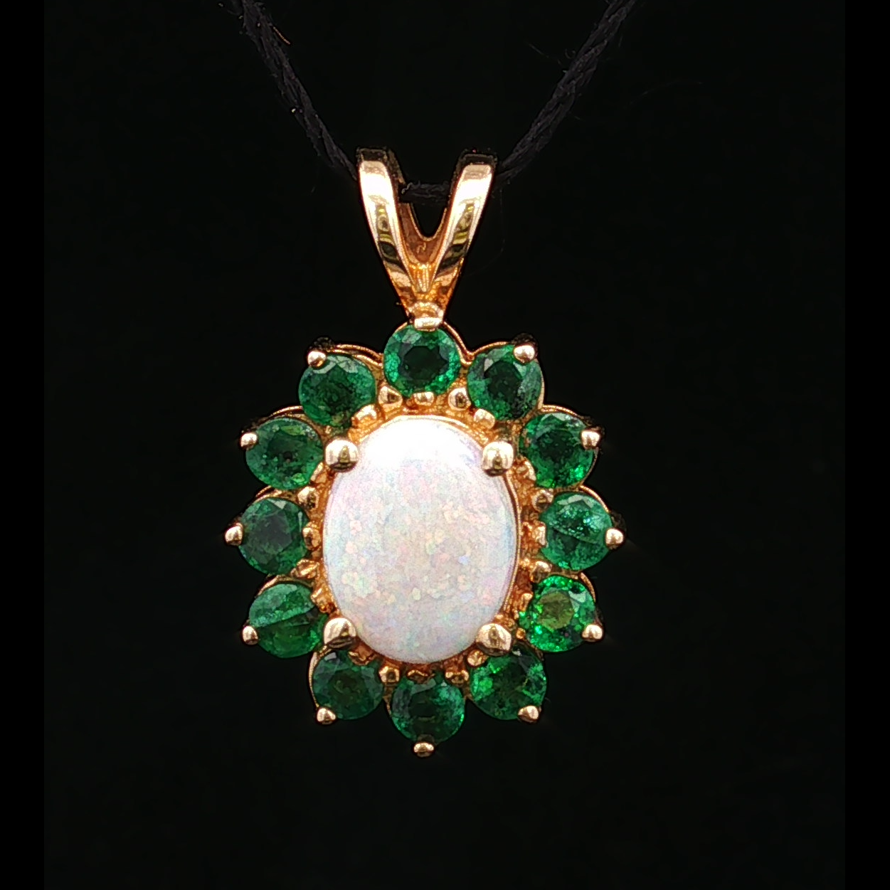 Millicente Opal and Emerald Halo Pendant 14K Gold