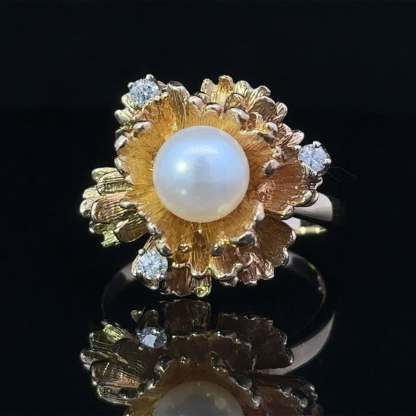 Yellow 14K textured antique ring with pearl and diamonds