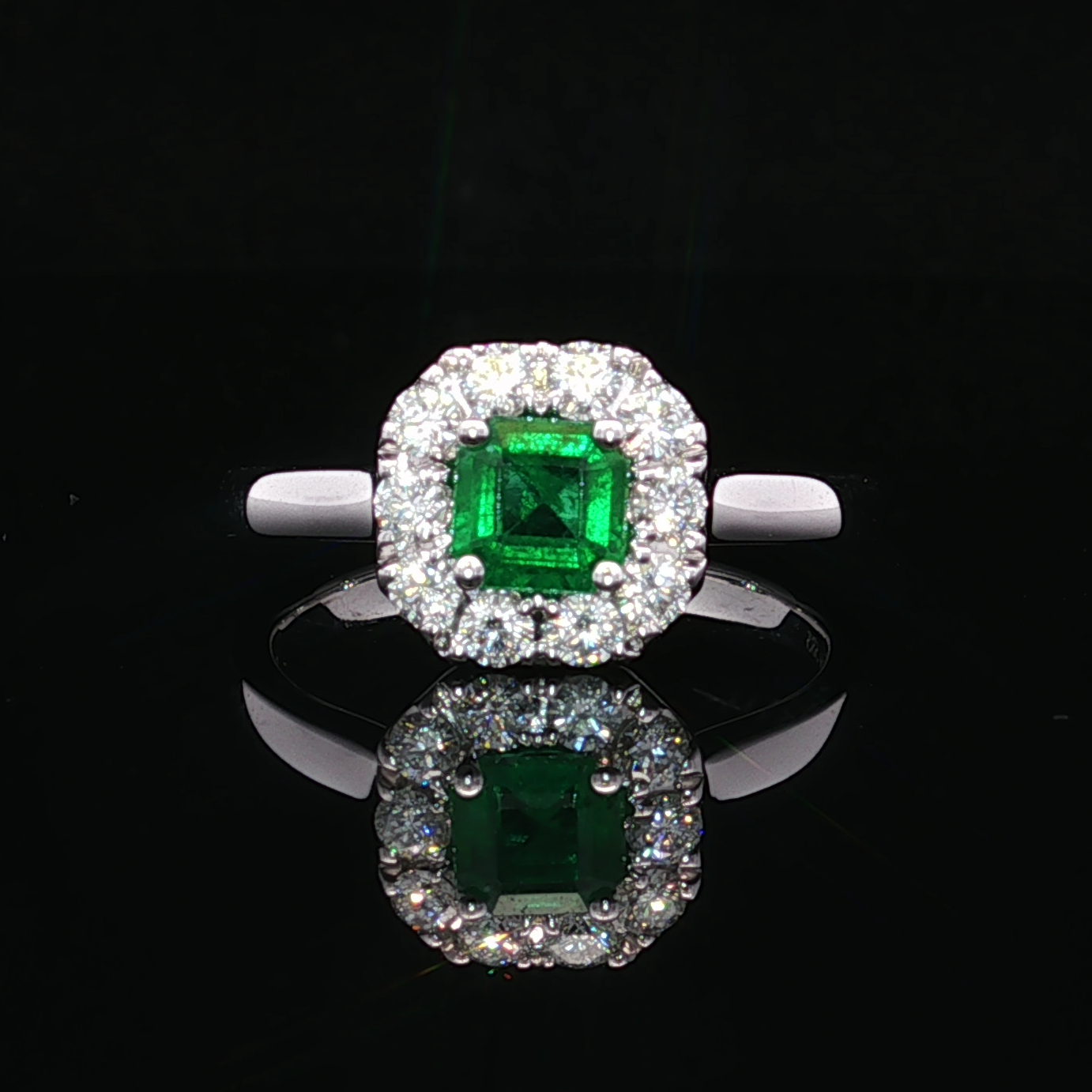 14K White Gold Lennon Ring with Emerald and Diamond Halo
