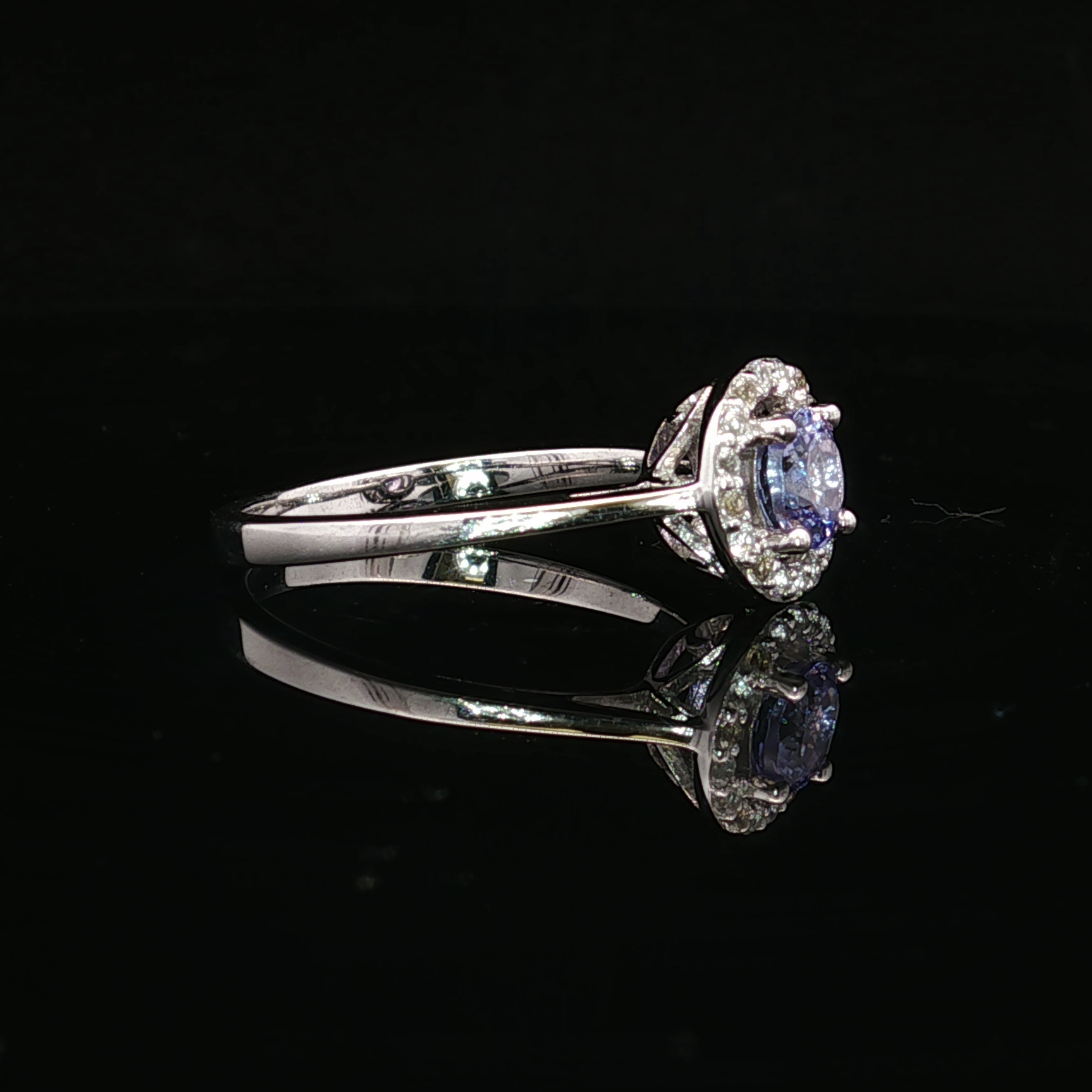10K White Gold Halo Ring with Tanzanite and Diamonds