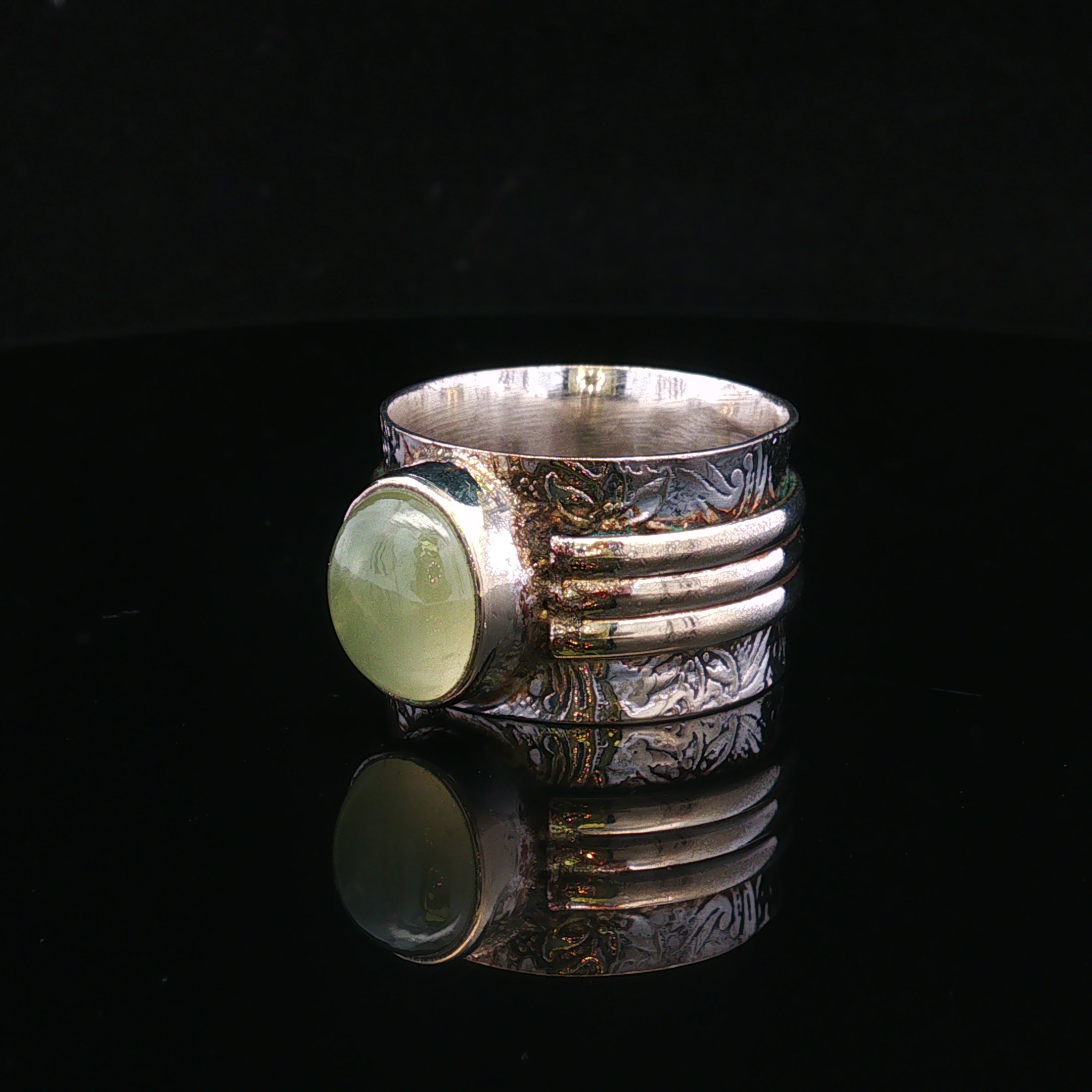 Floraine Sterling Silver Oval Mint Green Cabochon Wide Band Ring
