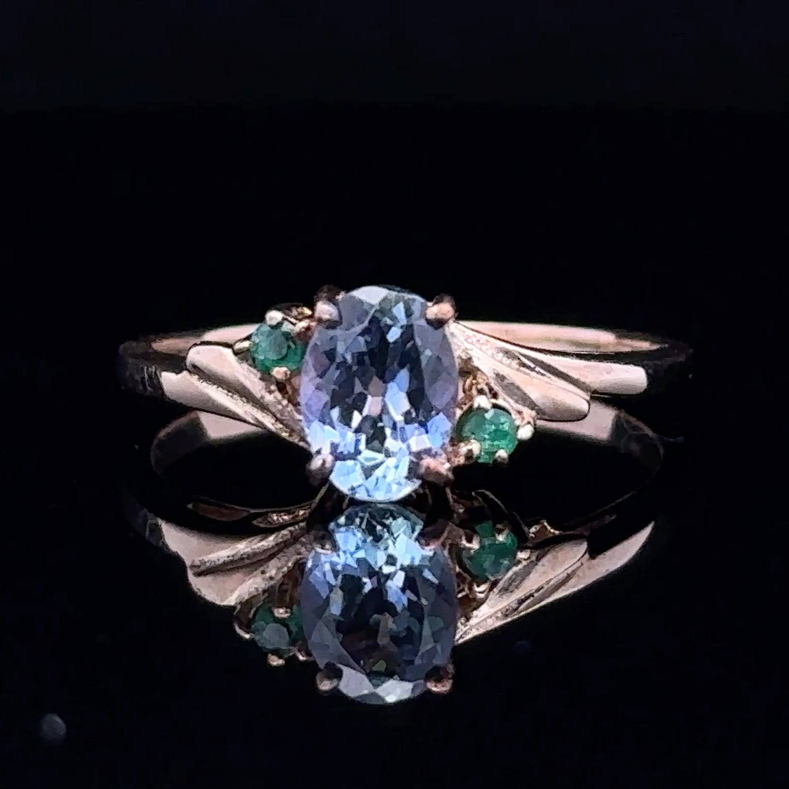 10K yellow gold ring with marquise sapphire and emeralds
