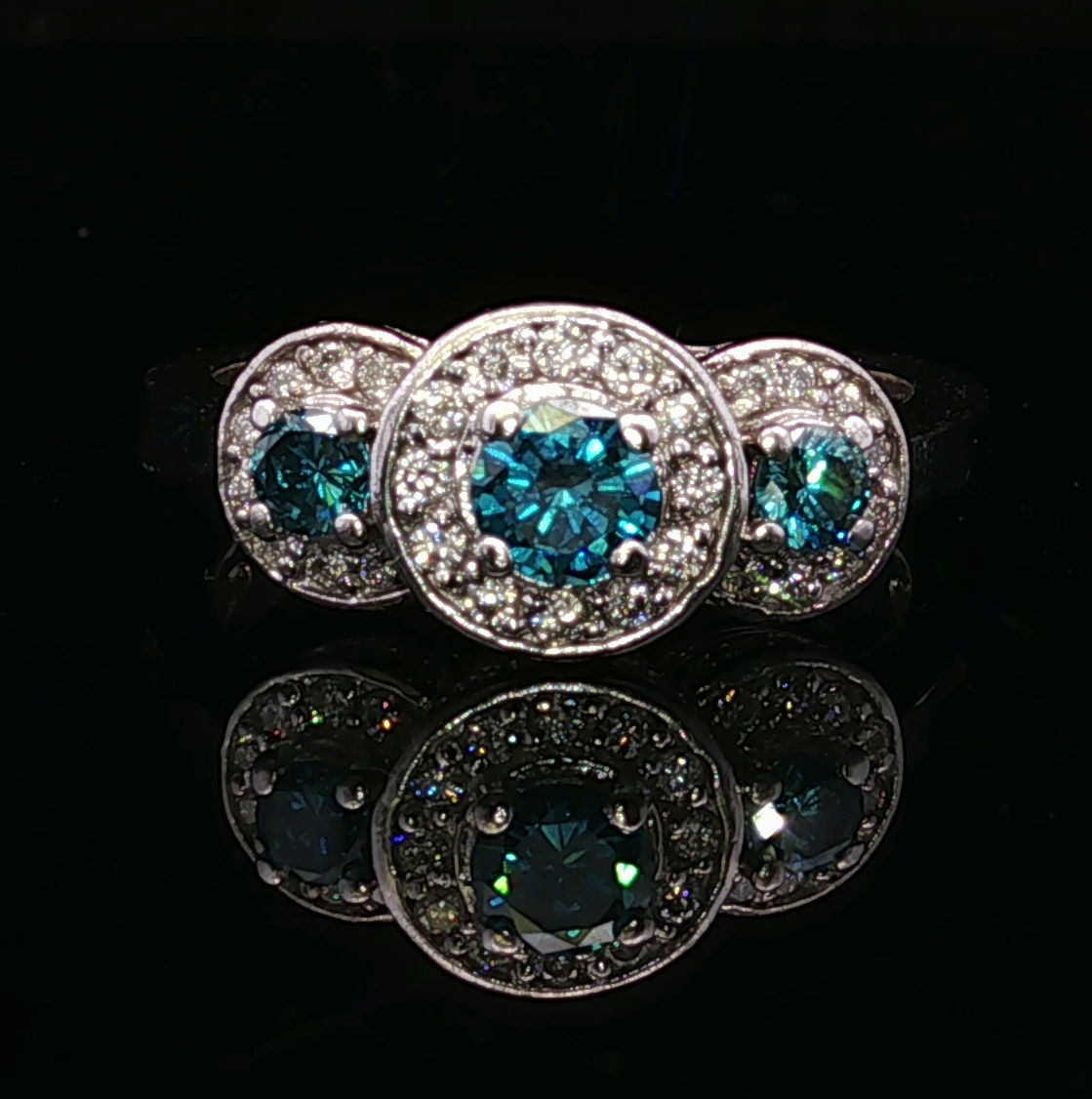 Celine 14KW Blue & White Diamond Three Stone Ring