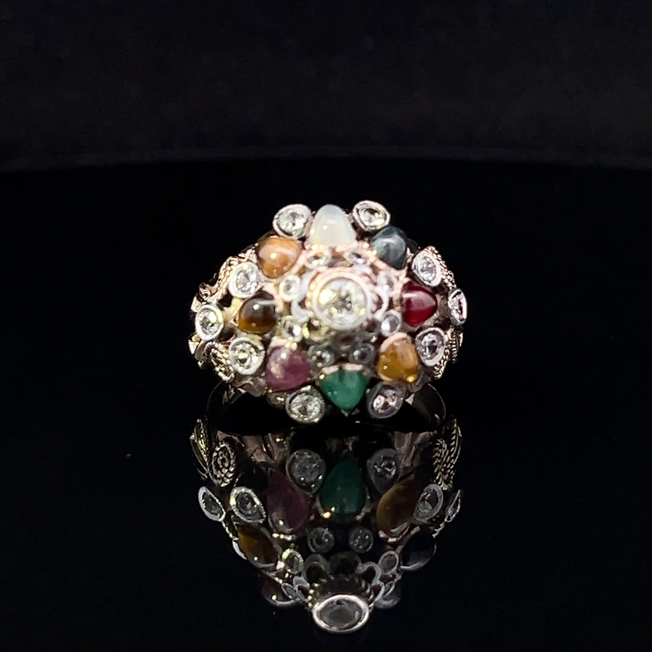 Annabella 14K Yellow Gold Pear-Shape Cabochon & Round Clear Stone Ring