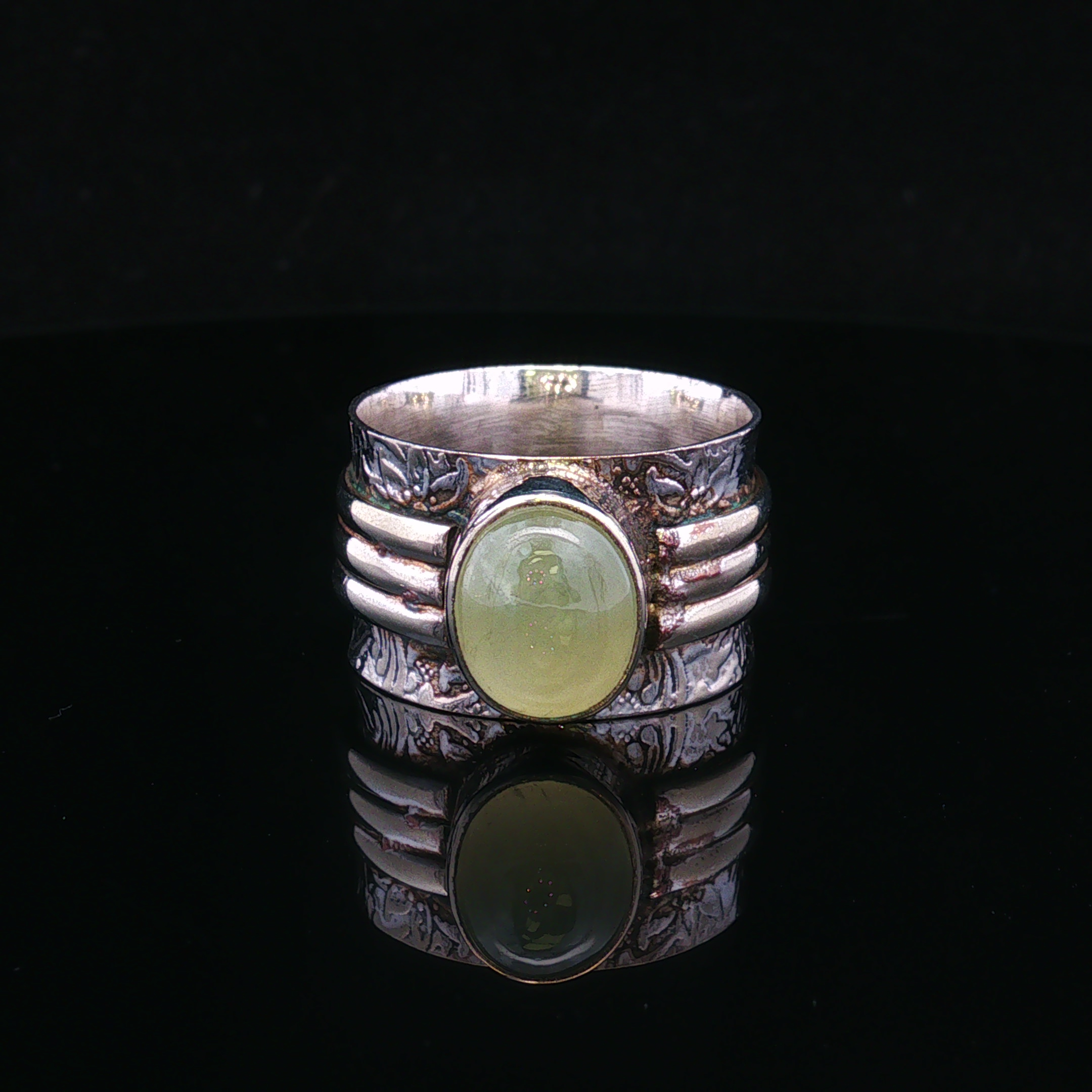 Floraine Sterling Silver Oval Mint Green Cabochon Wide Band Ring