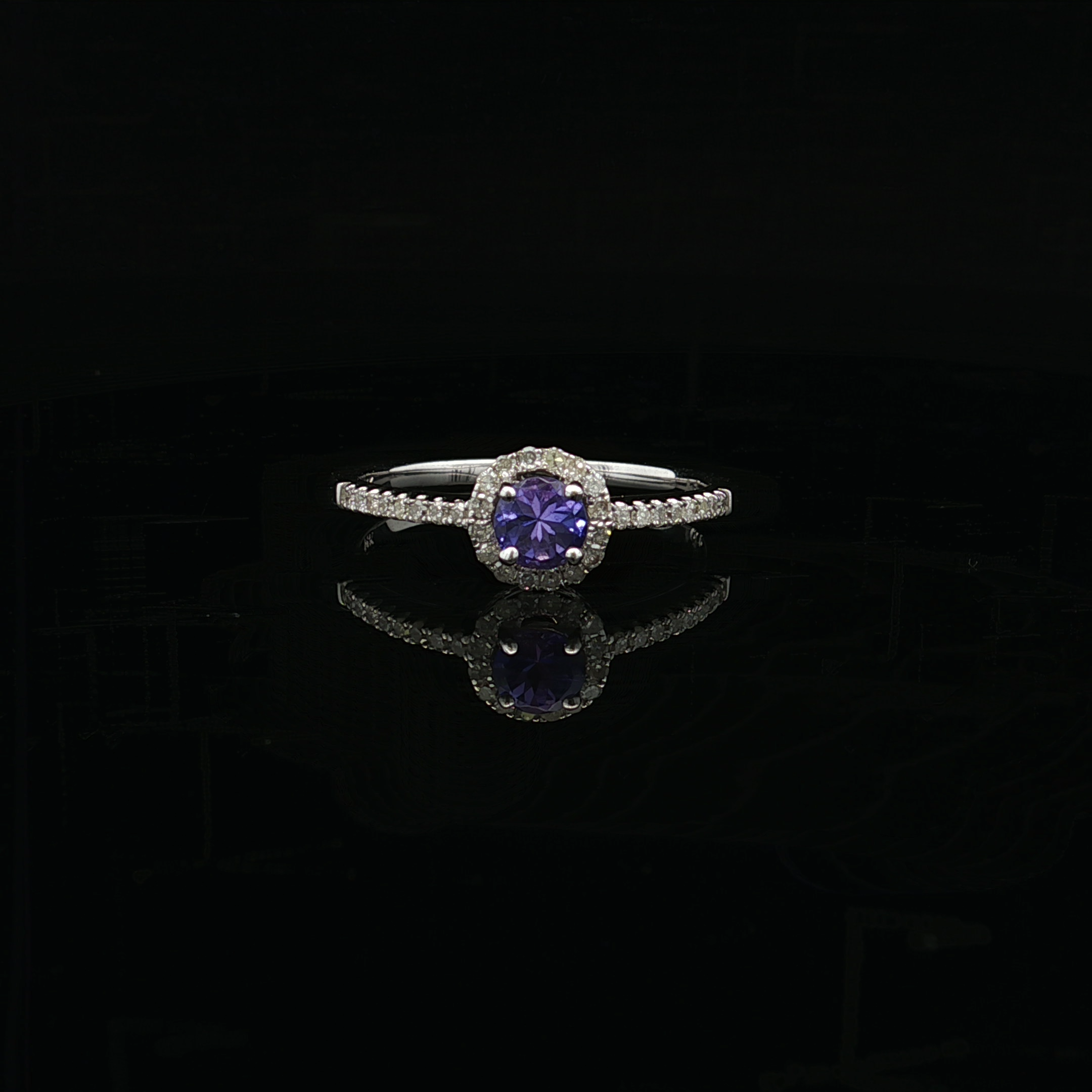 Priscilla 14K White Gold Tanzanite Ring with Halo and Side Diamonds