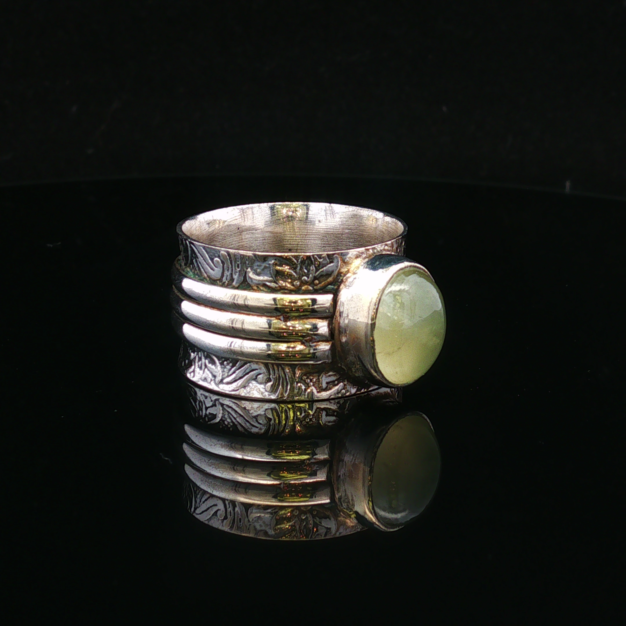 Floraine Sterling Silver Oval Mint Green Cabochon Wide Band Ring
