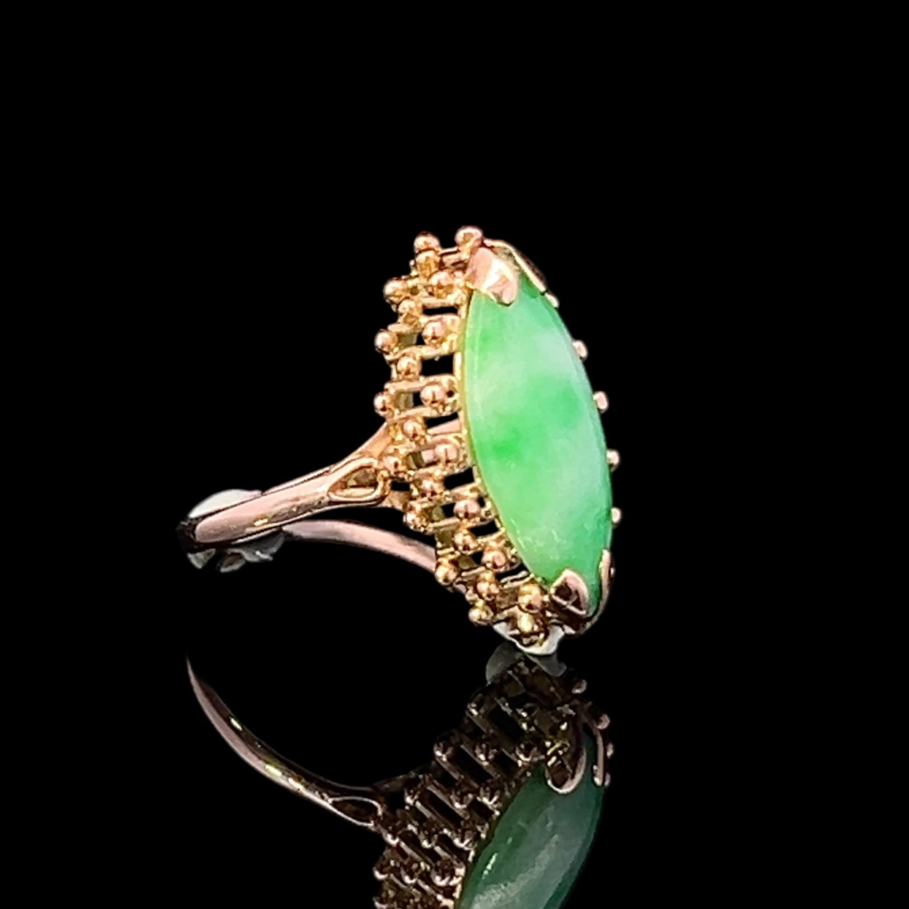 Yellow 14 Karat Antique Jade Fashion Ring with Openwork Base