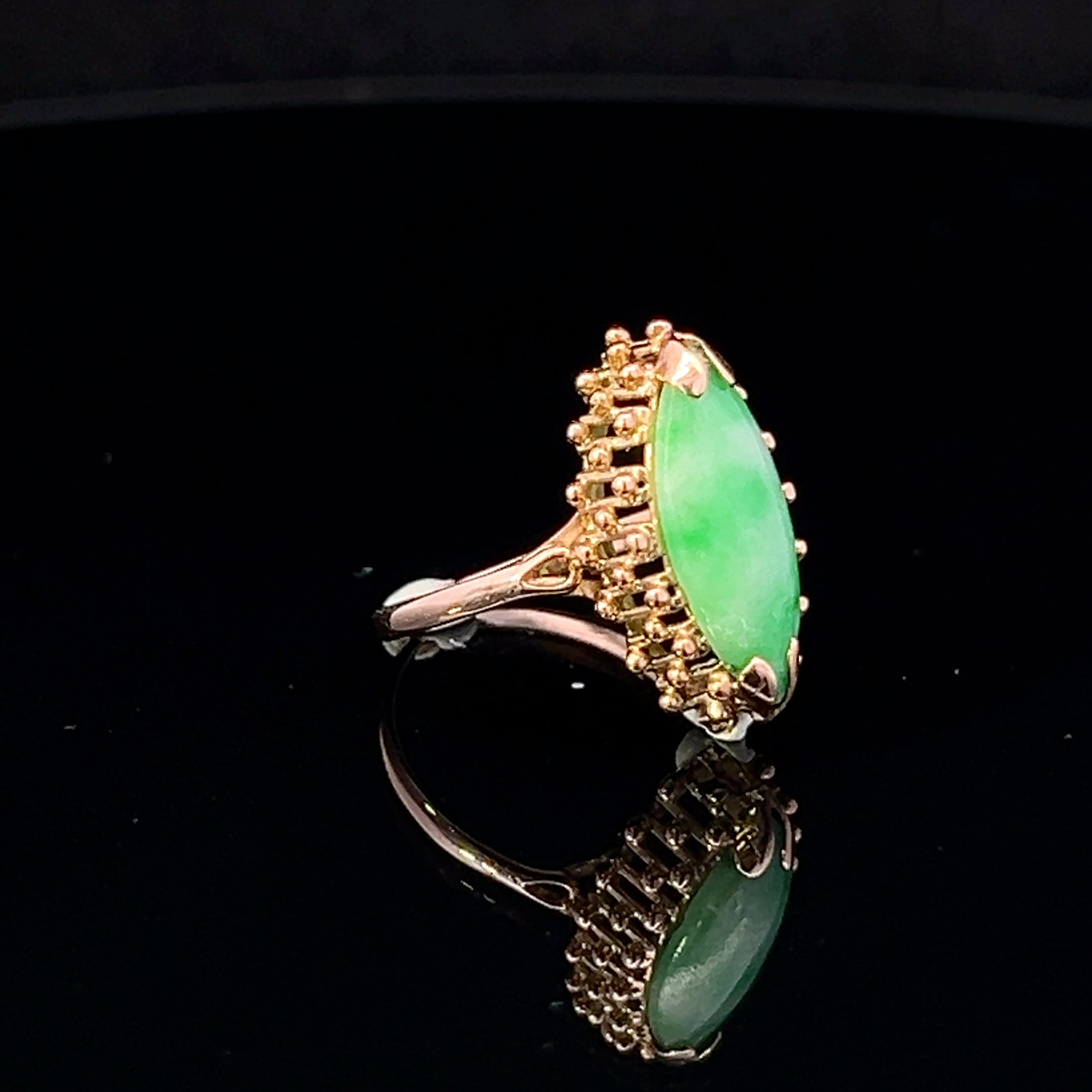 Yellow 14 Karat Vintage Jade Fashion Ring with Openwork Base