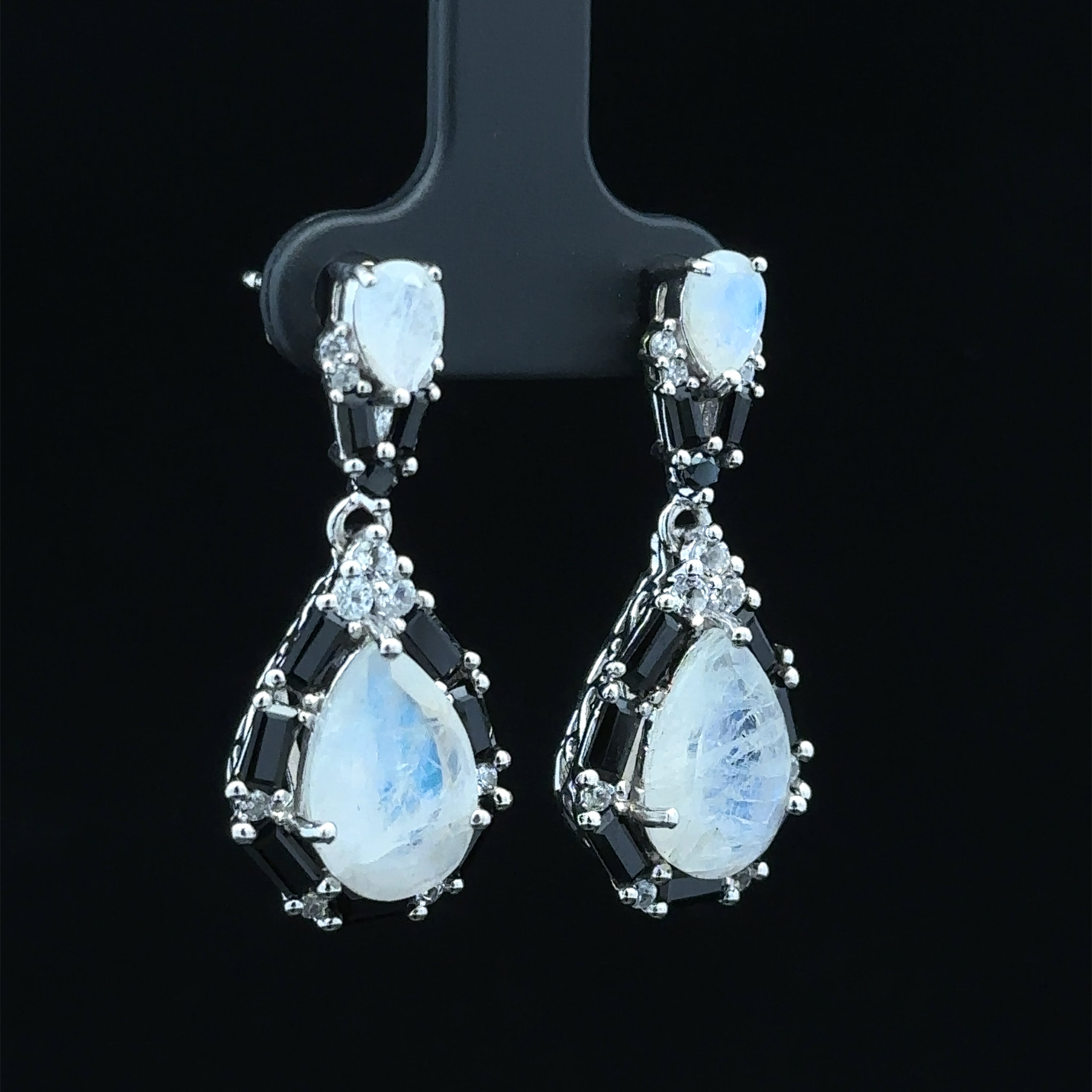 Malani White Silver Dangle Earrings with Moonstone and Black Spinel