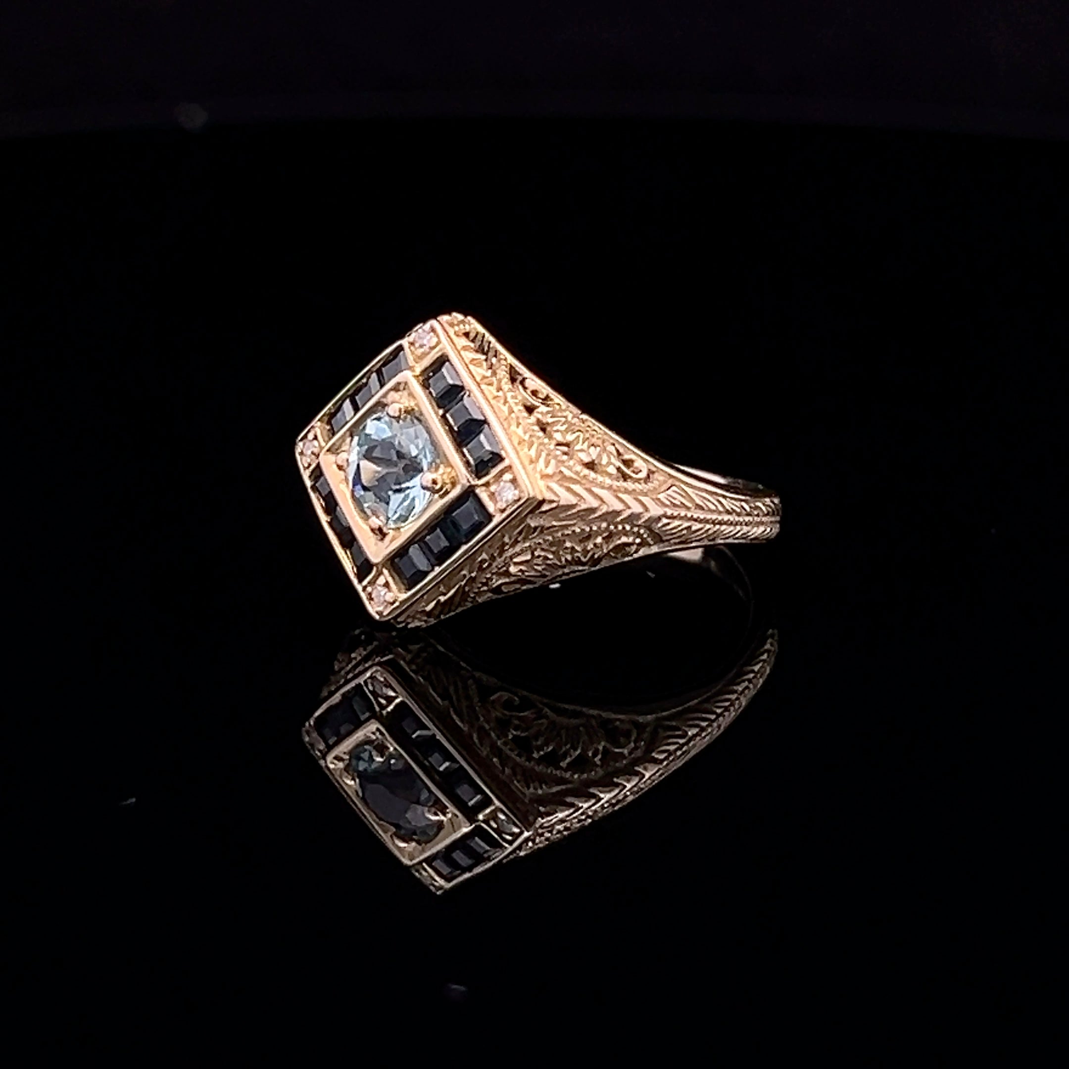 Mikayla 14KY Vintage Filigree Aquamarine, Sapphire and Diamond Ring