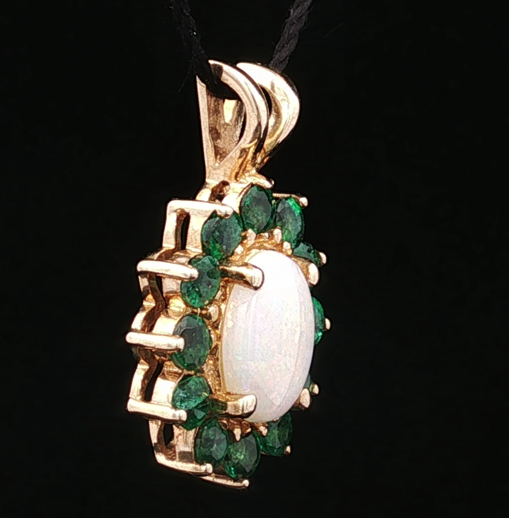 Millicente Opal and Emerald Halo Pendant 14K Gold