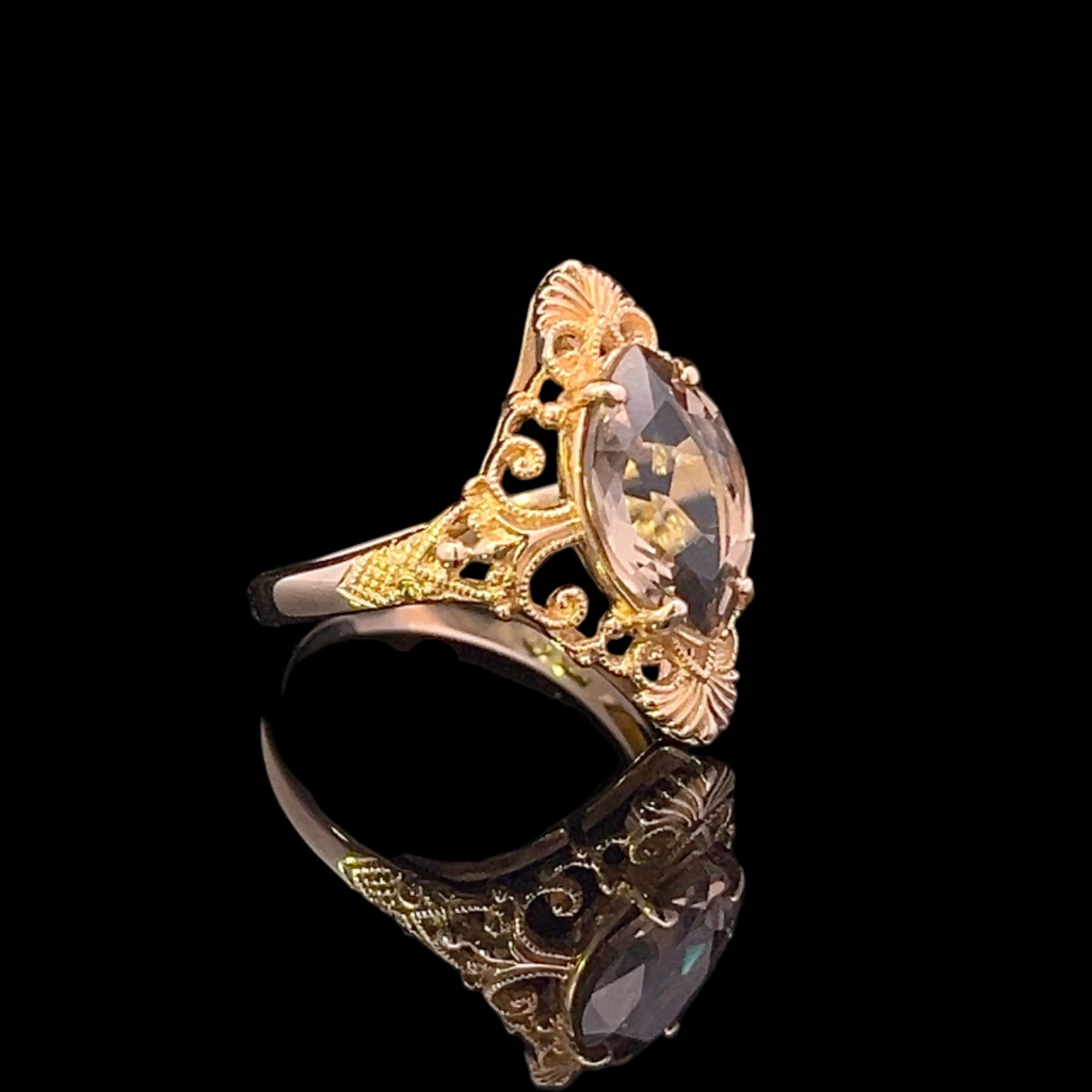 Erin 14KY 2.5CT Marquise Smoky Quartz Filigree Ring
