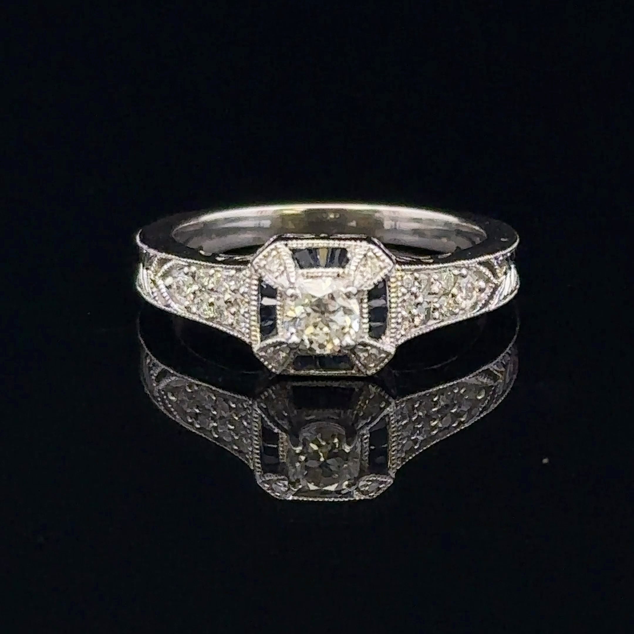 Ariel 14KW Sapphire & Old Euro Diamond Engagement Ring