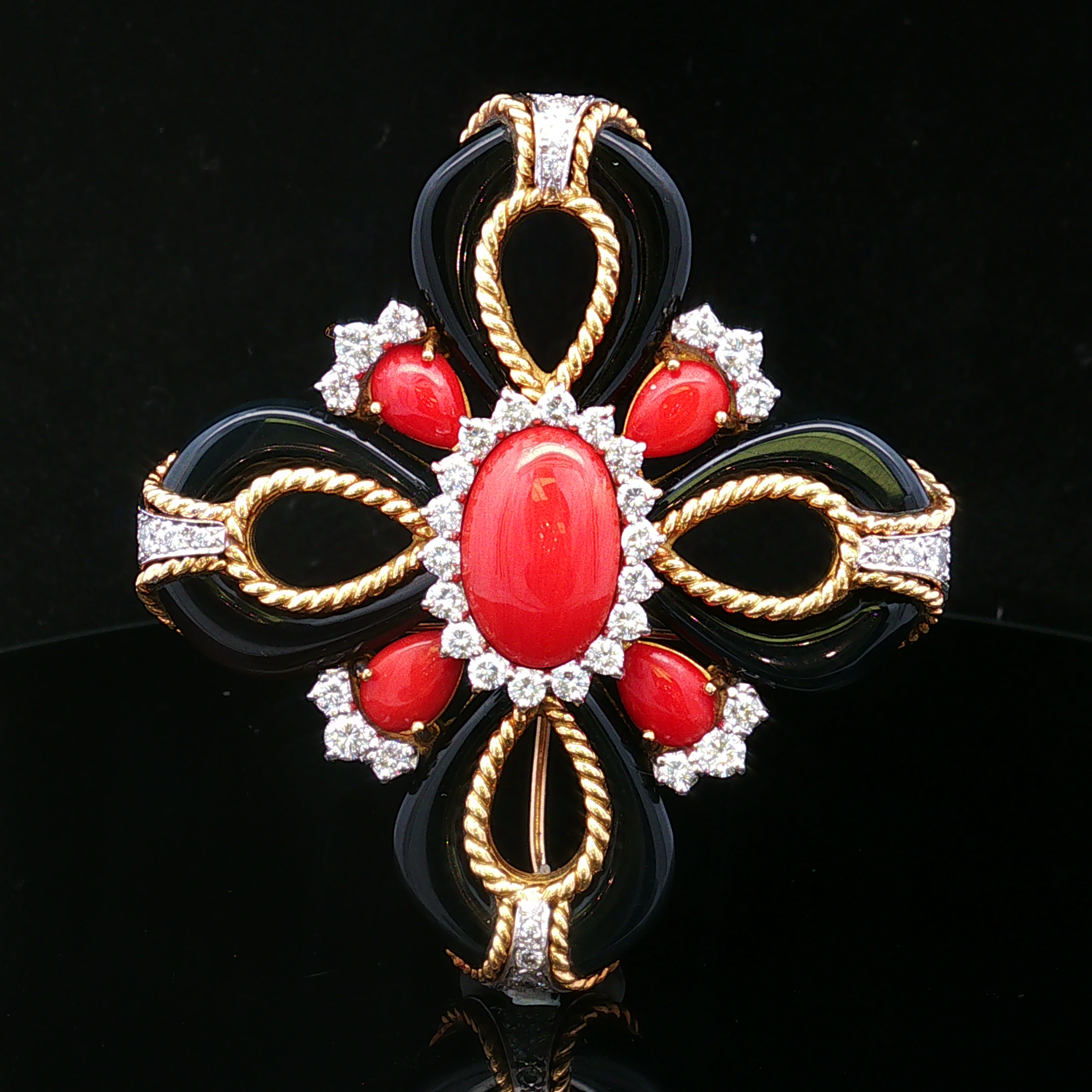 Fiorae 14K Two Tone Diamond, Onyx & Coral Pin Pendant
