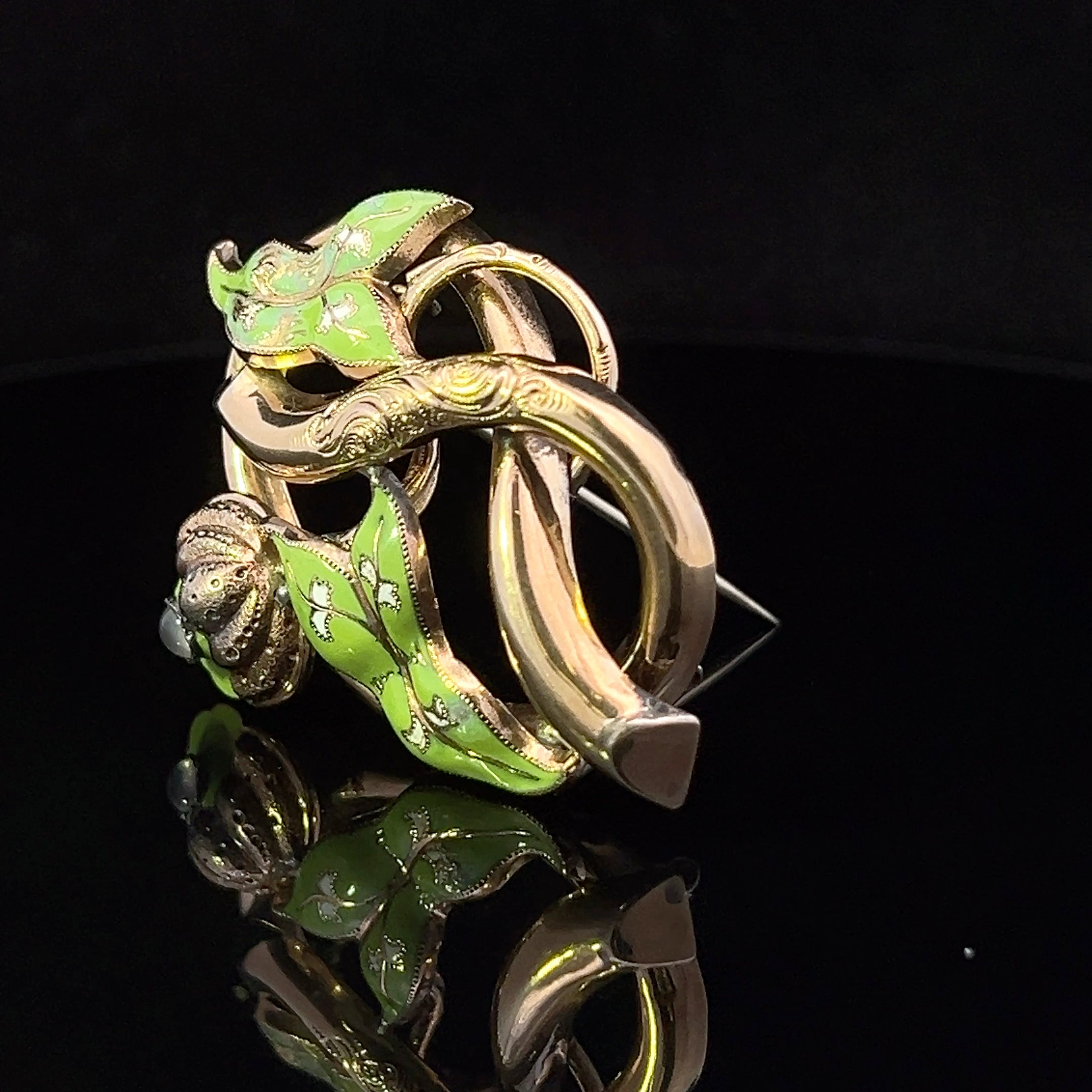 Valerie 10KY Art Nouveau Green Enamel & Moonstone Pin