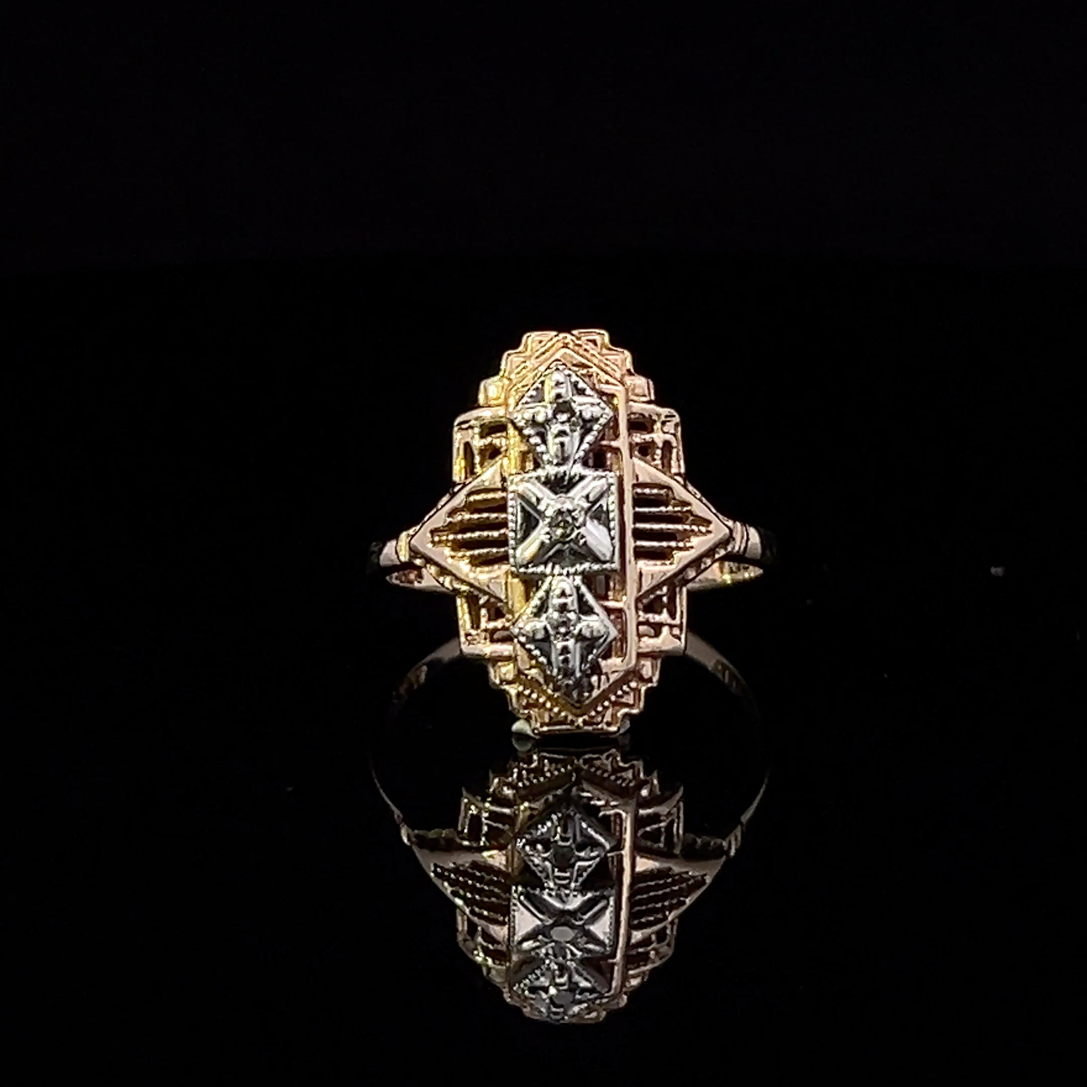 Fernanda 10K Two-Tone Gold Vintage Filigree Ring with 3 Diamonds