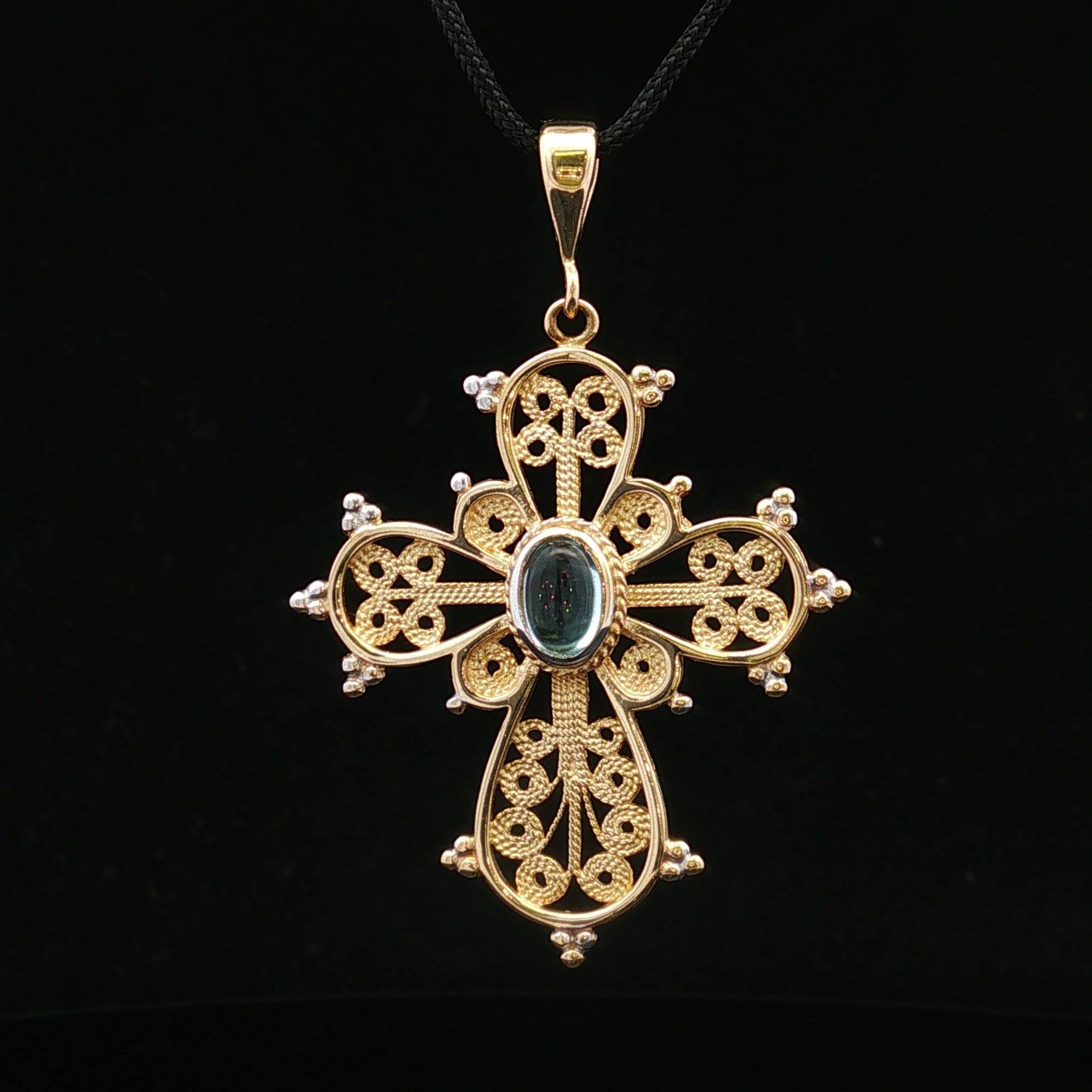 Indiraa 14K Two Tone Oval Cabochon Aquamarine Filigree Cross Pendant