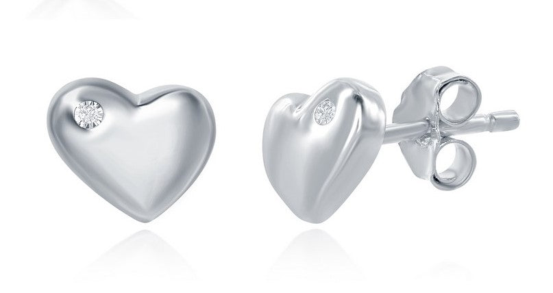 Sterling Silver Puff Heart Stud Earrings with CZ