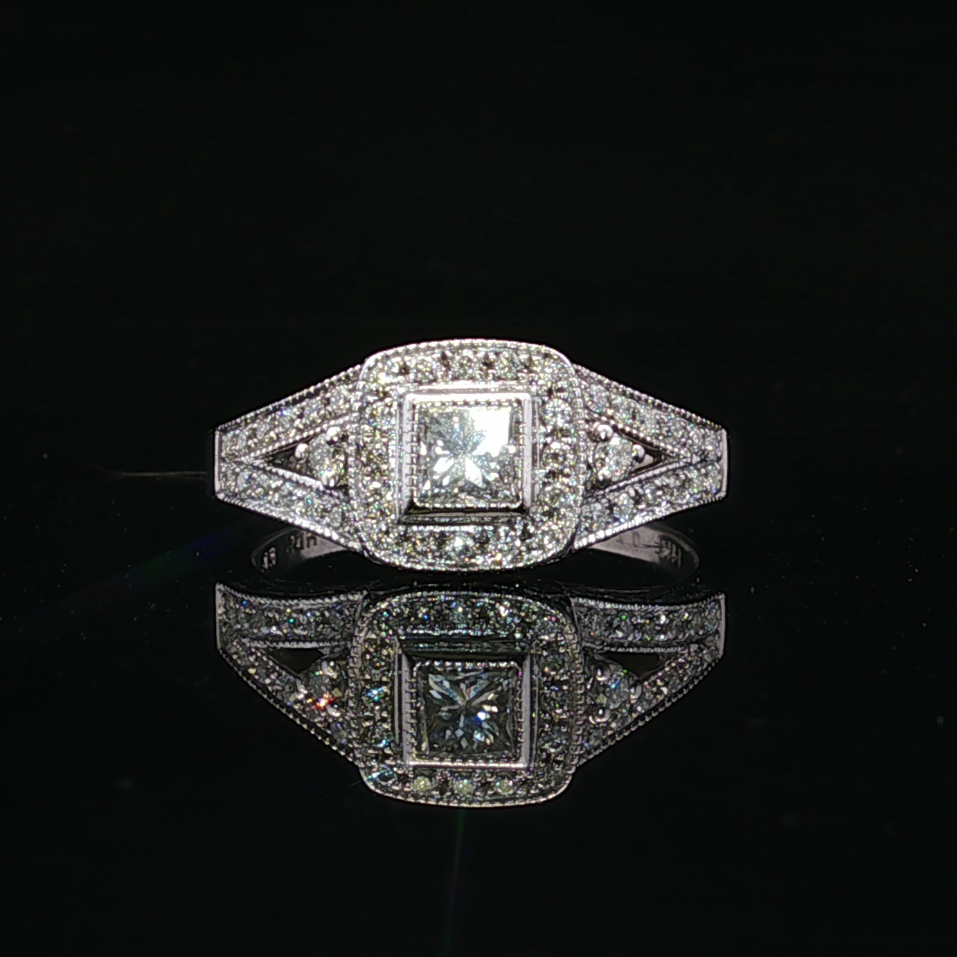 14K White Gold Halo Engagement Ring with Princess Diamond