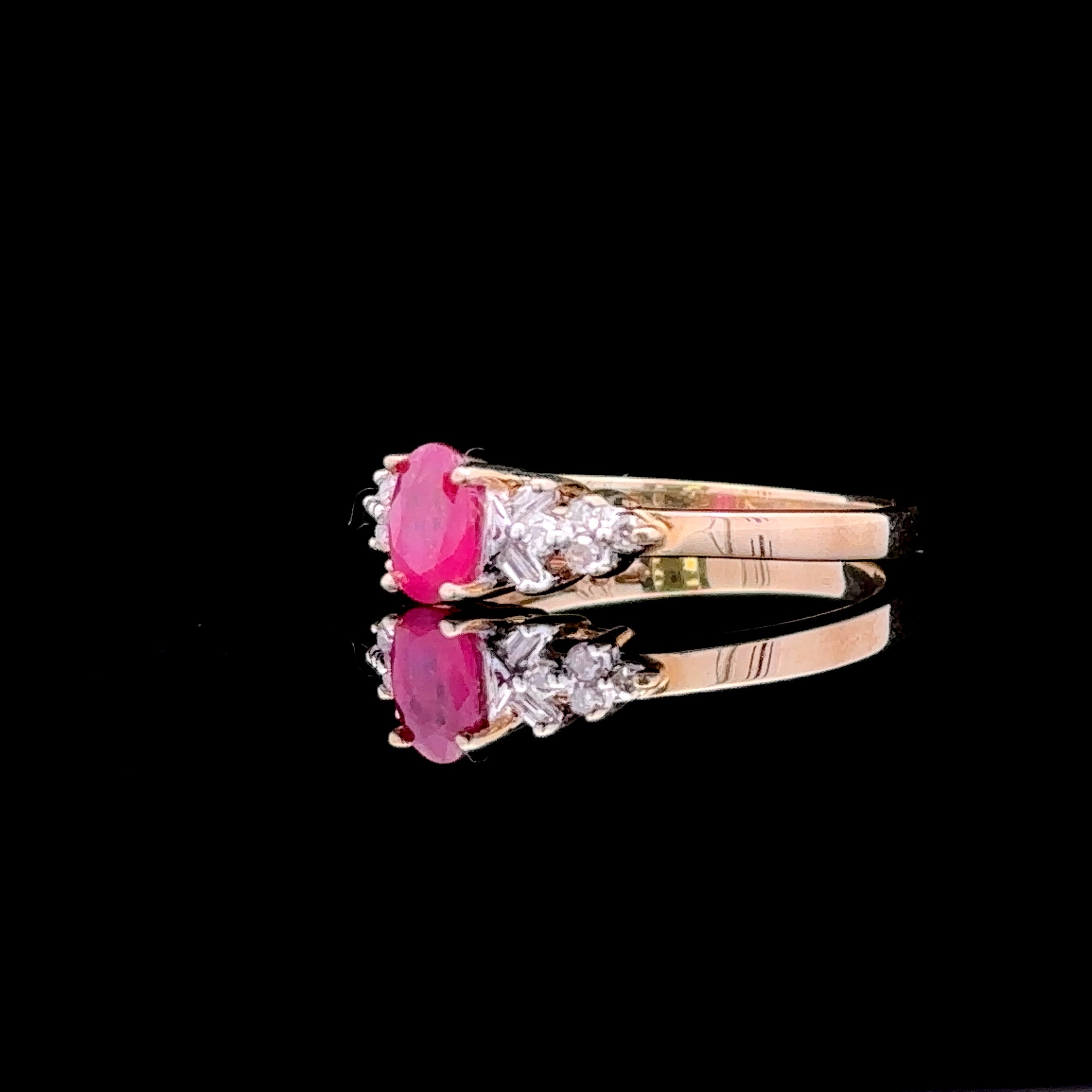 Estelle 10K Yellow Gold Oval Ruby with Baguette and Round Diamond Ring