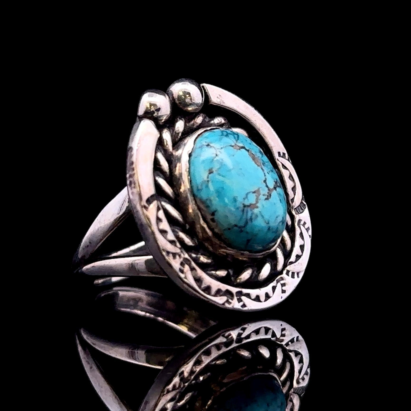 Jolie Sterling Silver Turquoise Ring with Engraved Edge